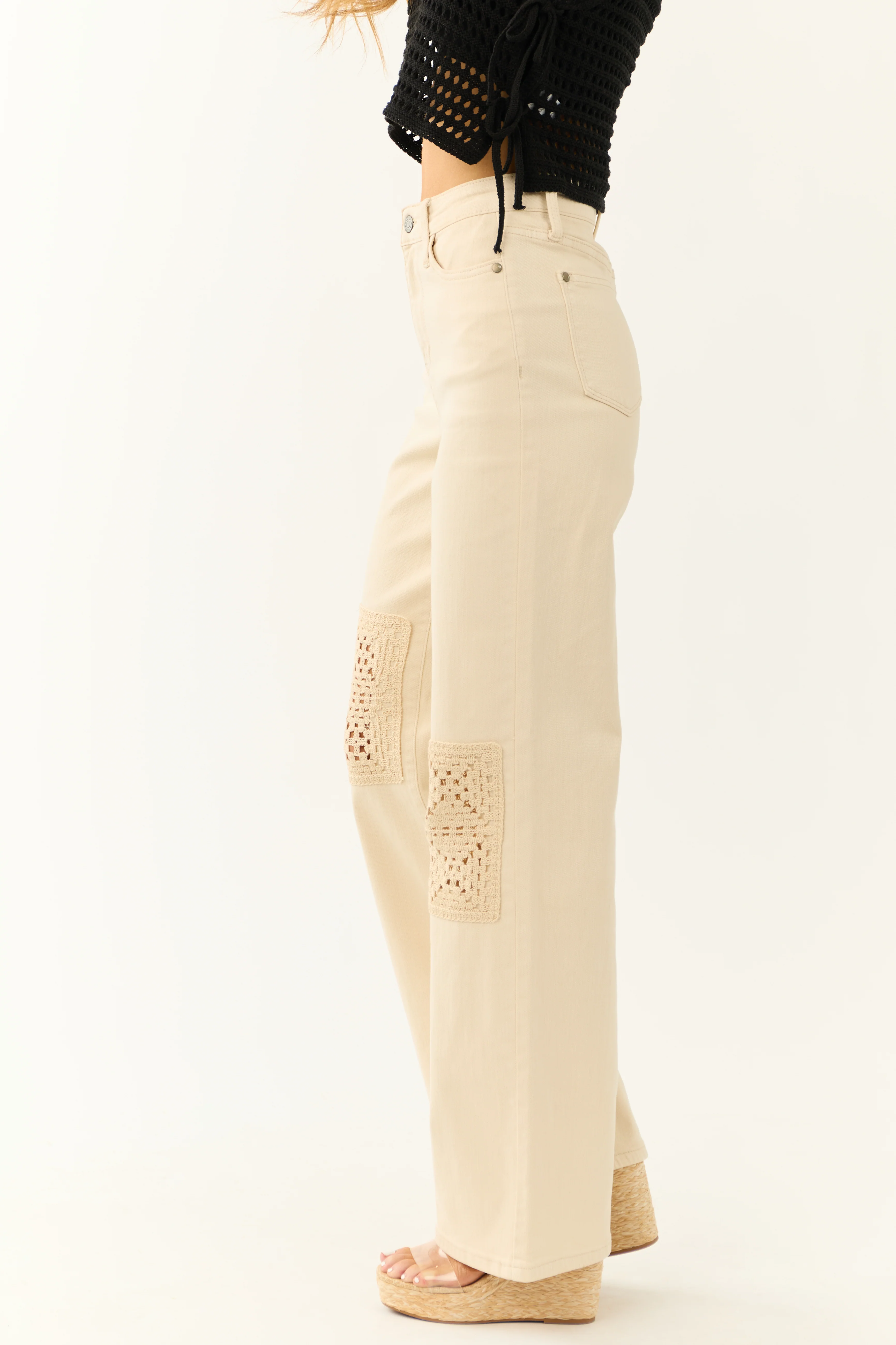 Judy Blue Cream High Rise Crochet Patch Jeans - Image 3