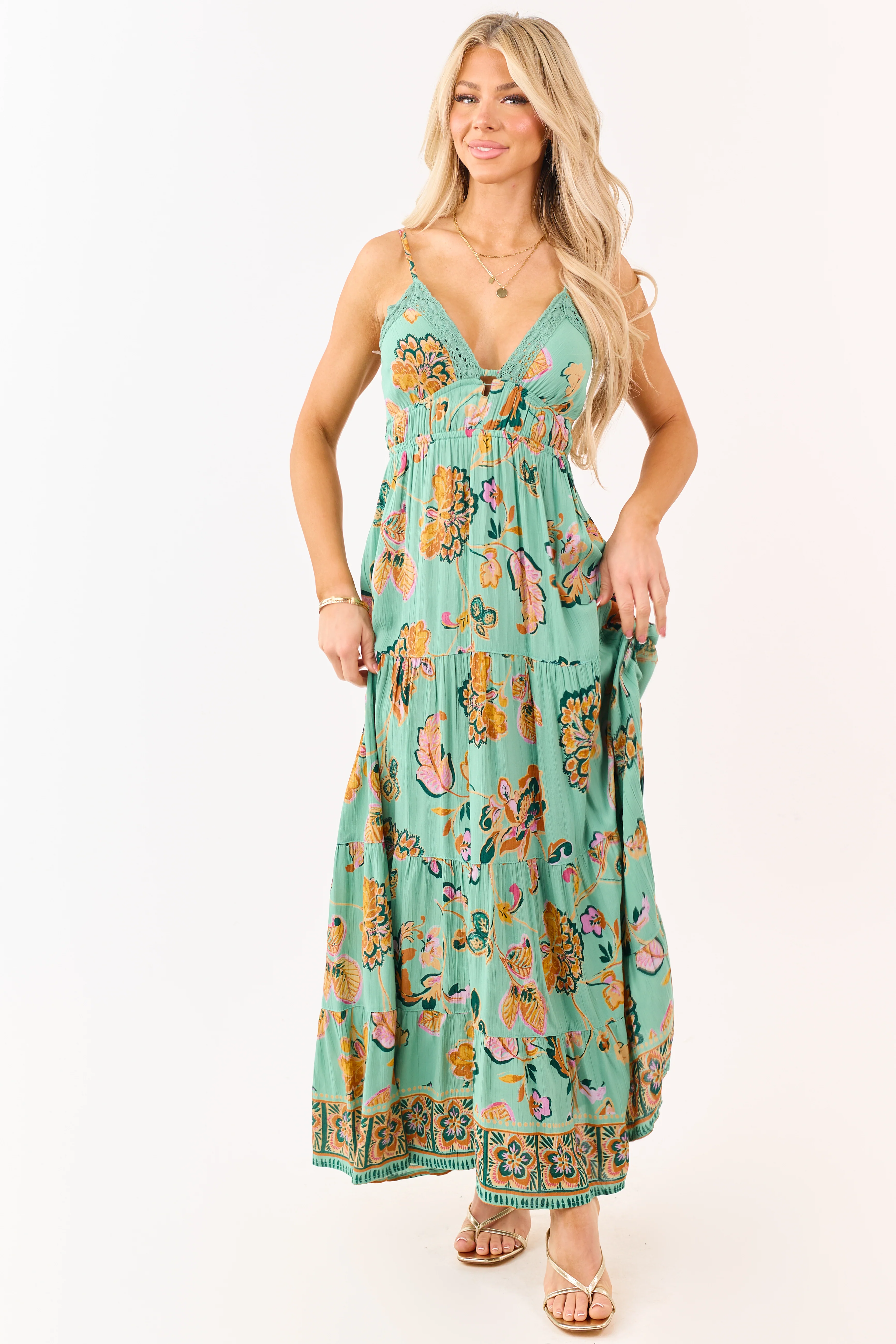 Jungle Green Floral Print Lace Trim Maxi Dress - Image 4