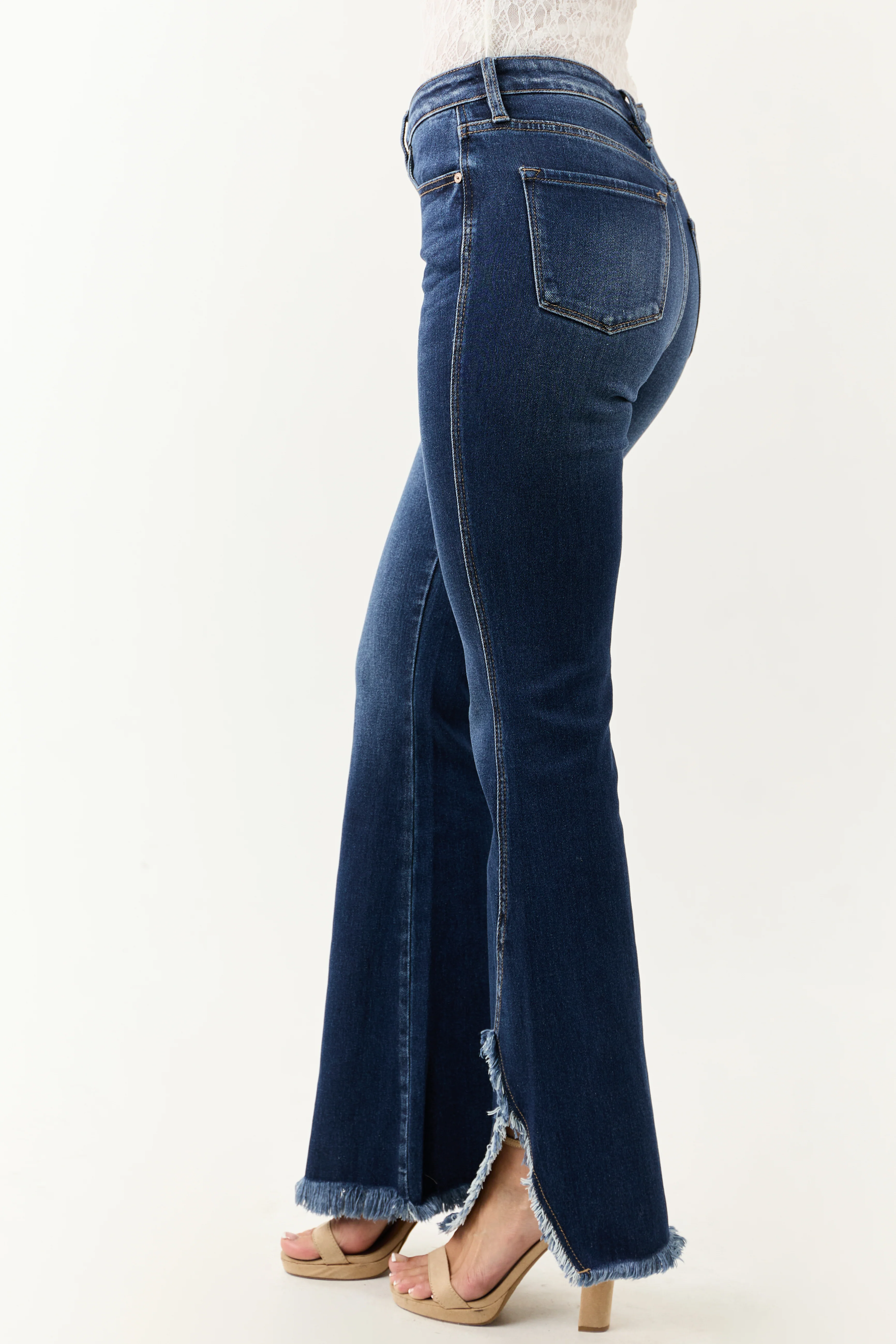 KanCan Dark Wash Frayed Hem Stretchy Bootcut Jeans - Image 3