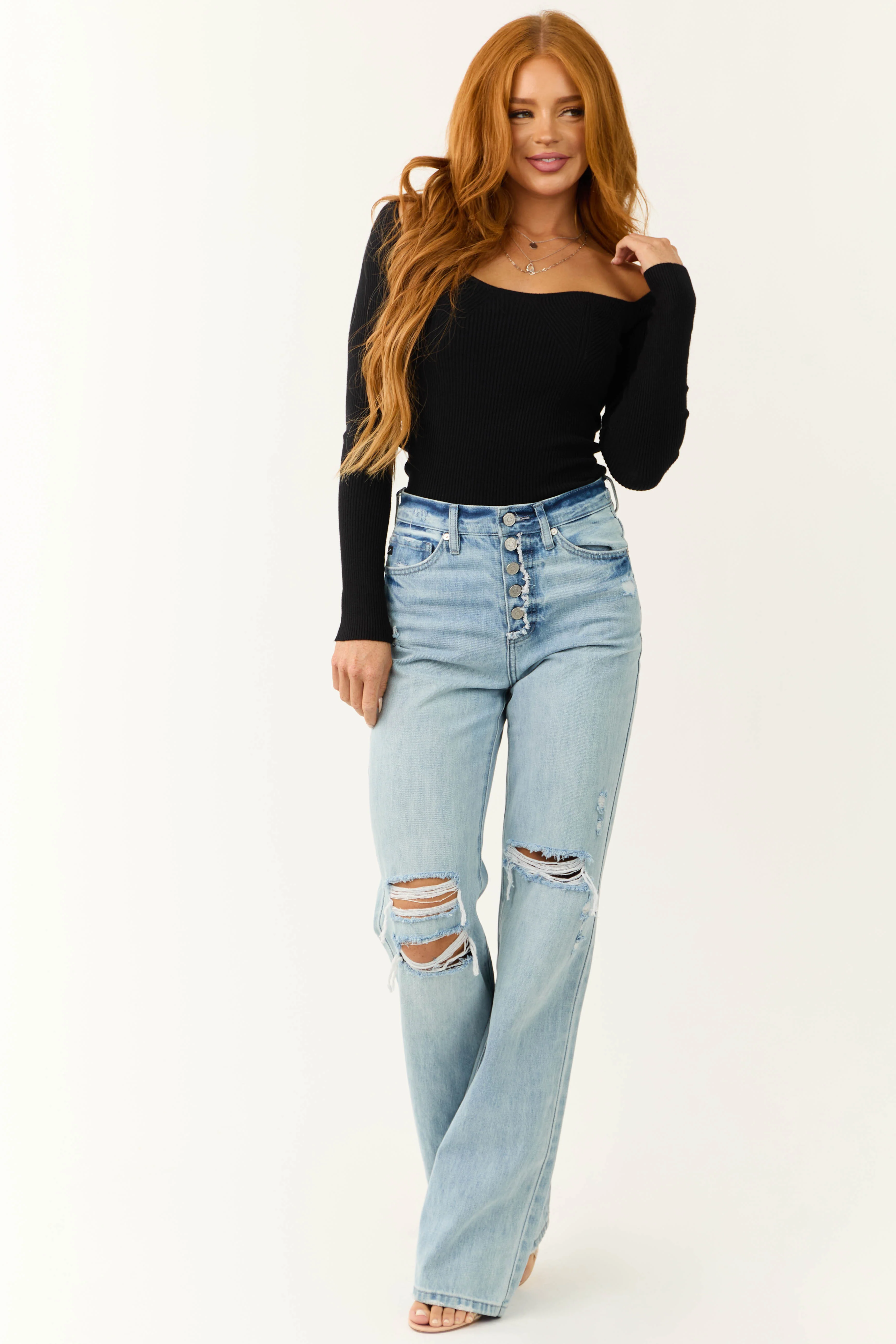 KanCan Light Wash Distressed Button Fly Wide Leg Jeans - Image 7