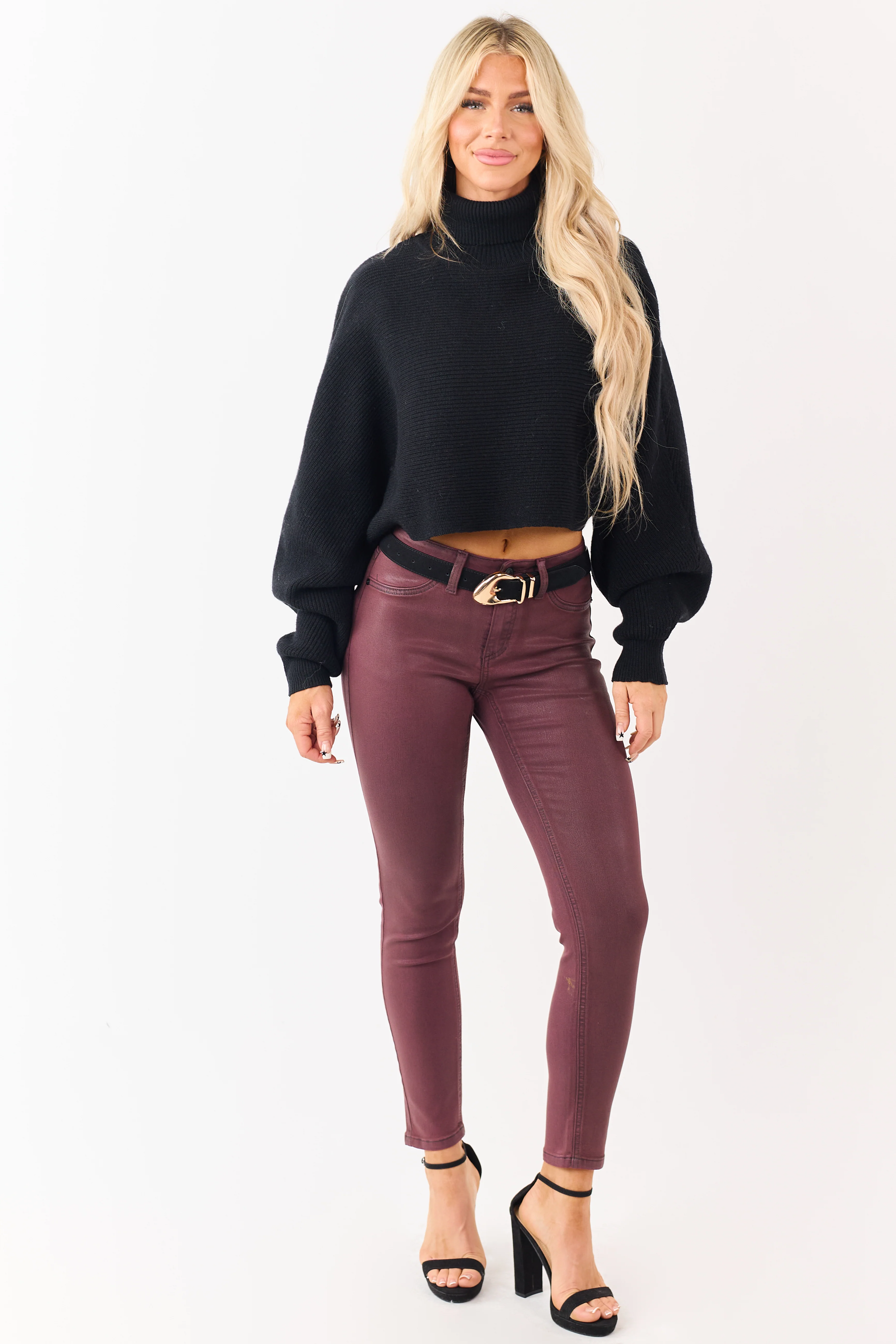 KanCan Mahogany Mid Rise Coated Stretchy Skinny Jeans