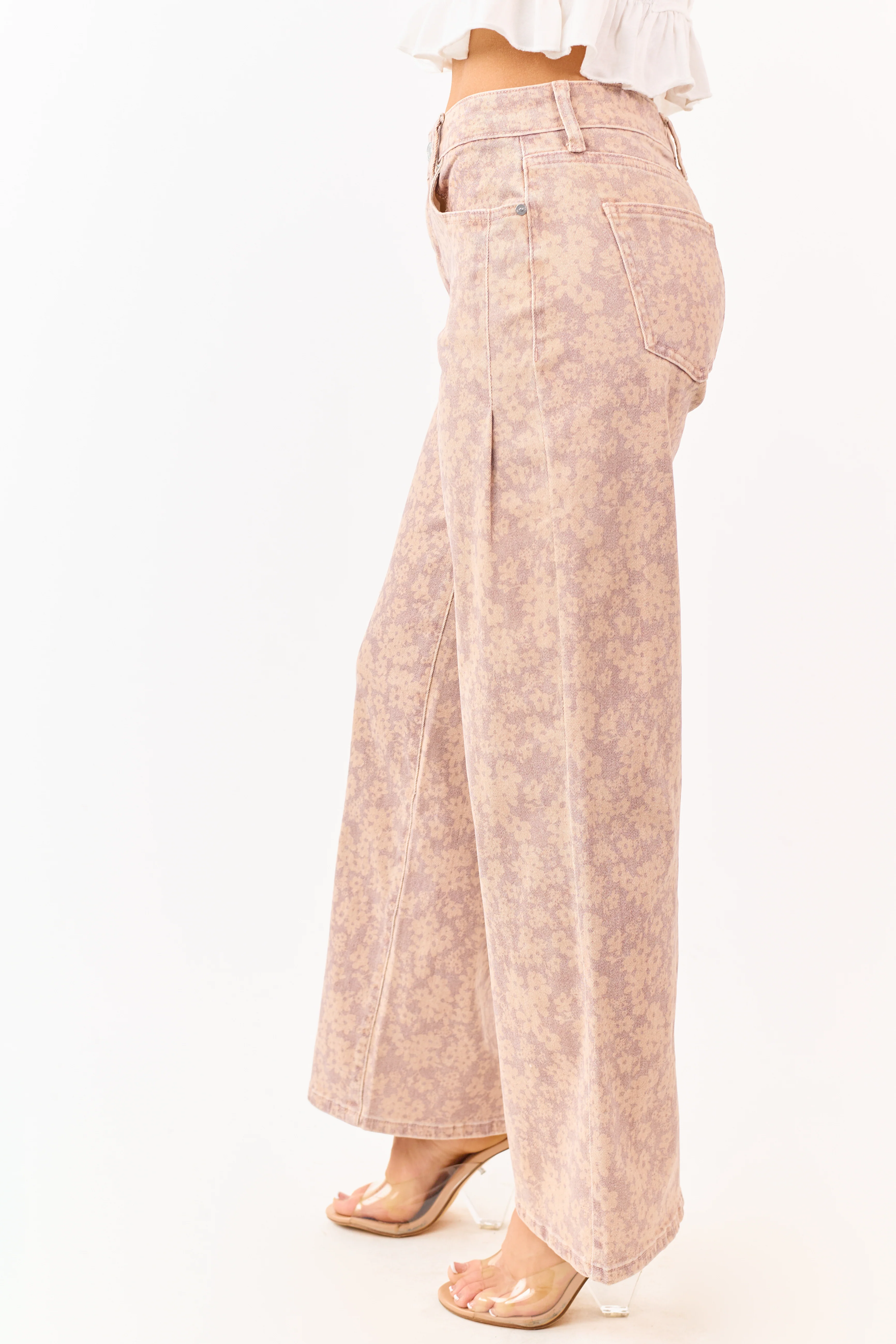 KanCan Mauve Floral Print Wide Leg Stretch Jeans - Image 3