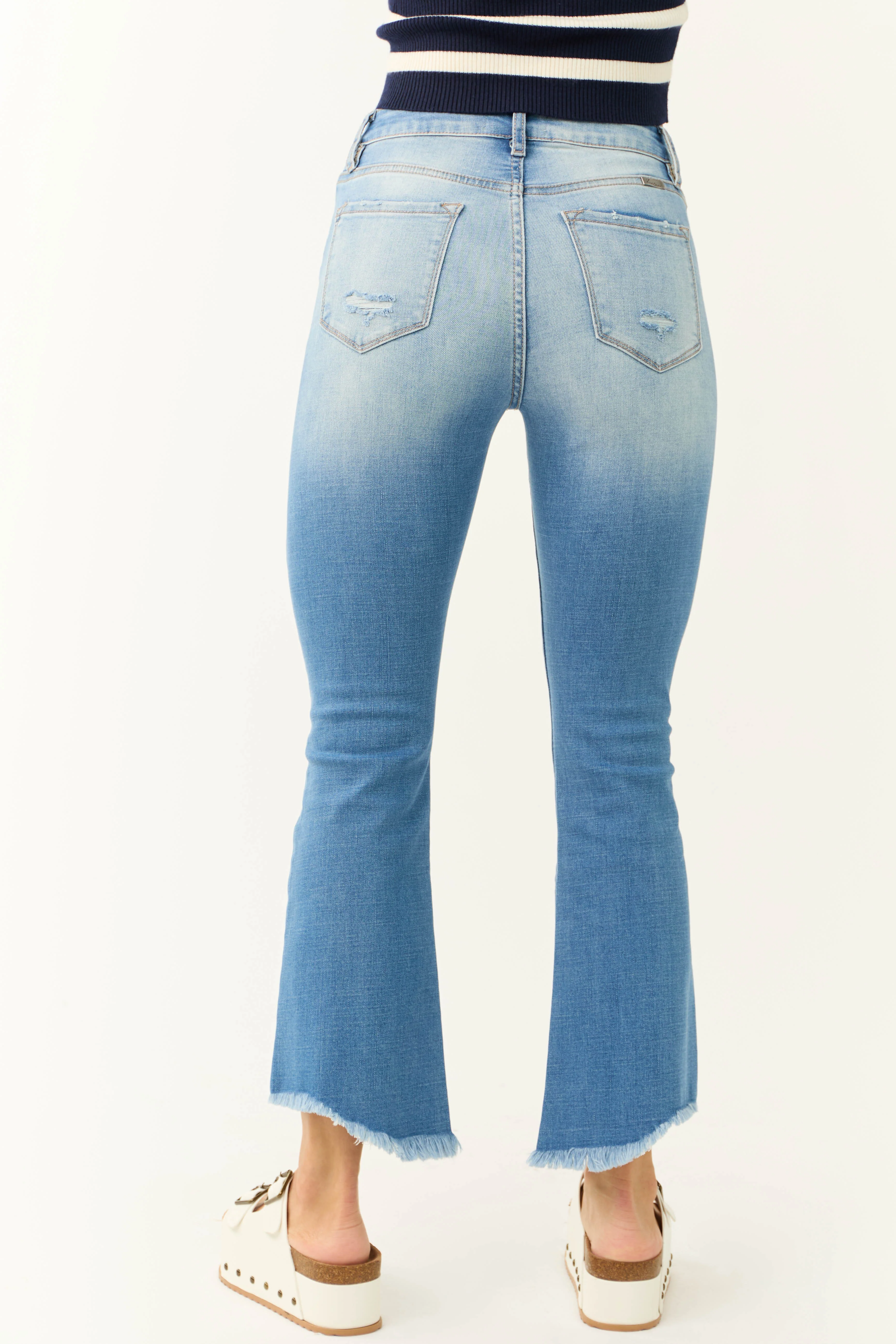 KanCan Medium Light Wash Raw Hem Cropped Flare Jeans - Image 4