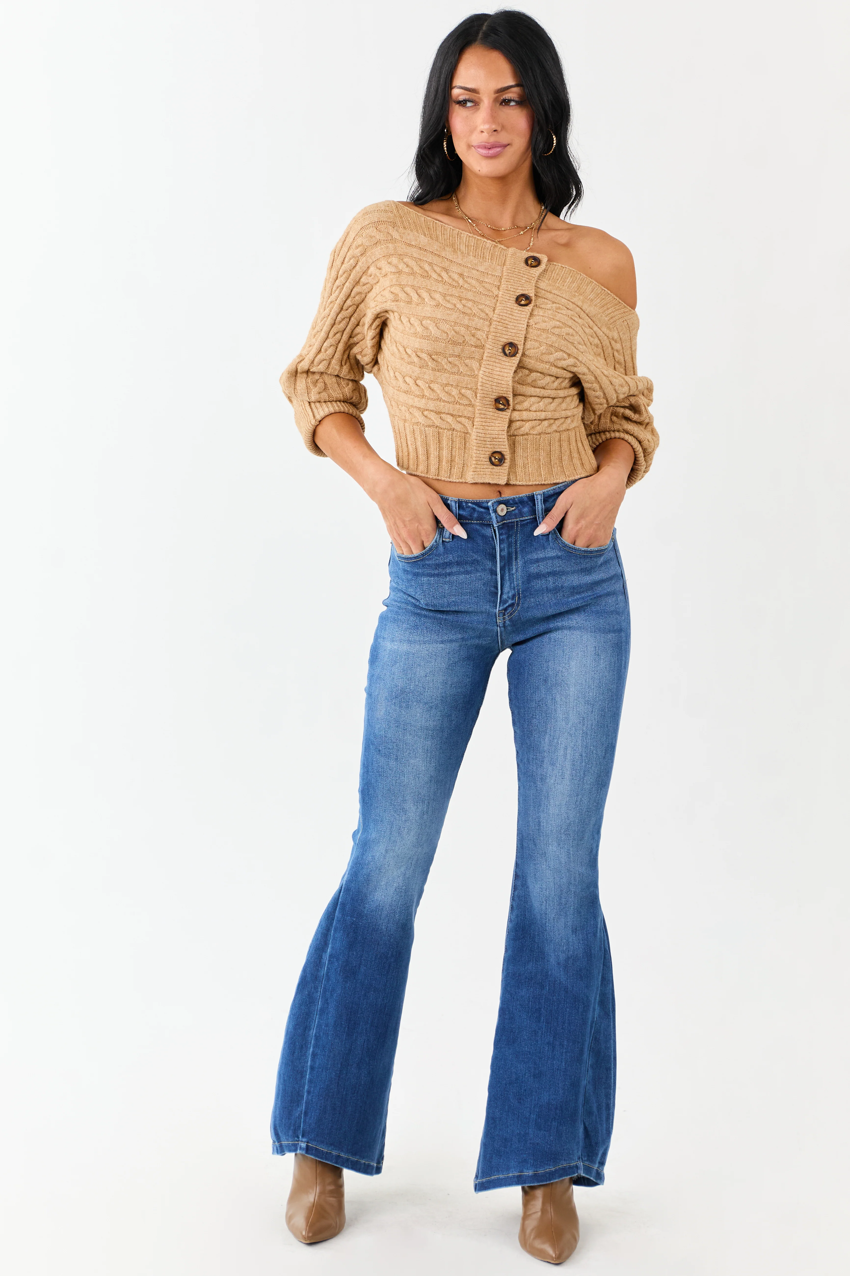 KanCan Medium Wash Angled Hem Flare Leg Jeans