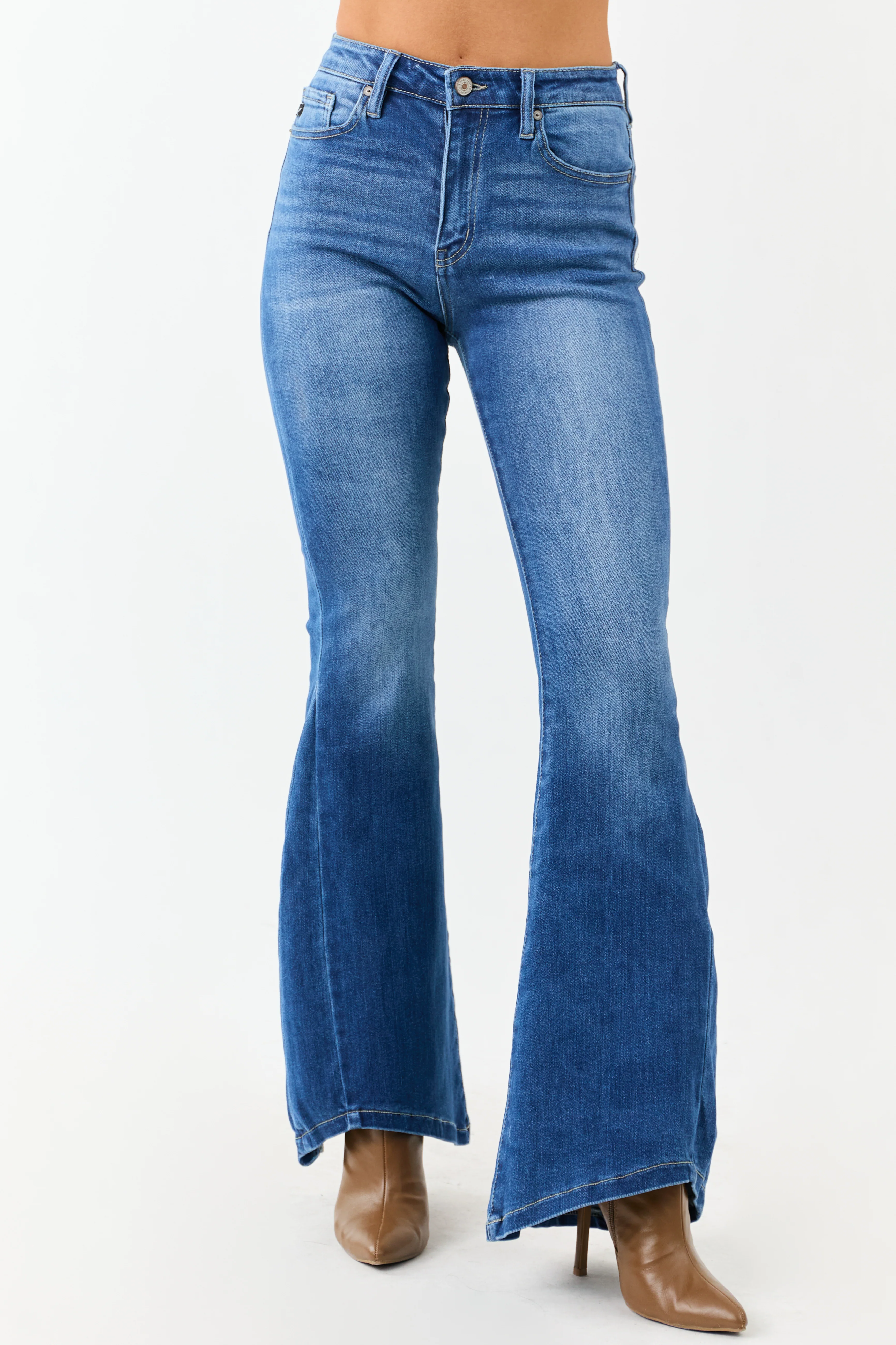 KanCan Medium Wash Angled Hem Flare Leg Jeans - Image 5