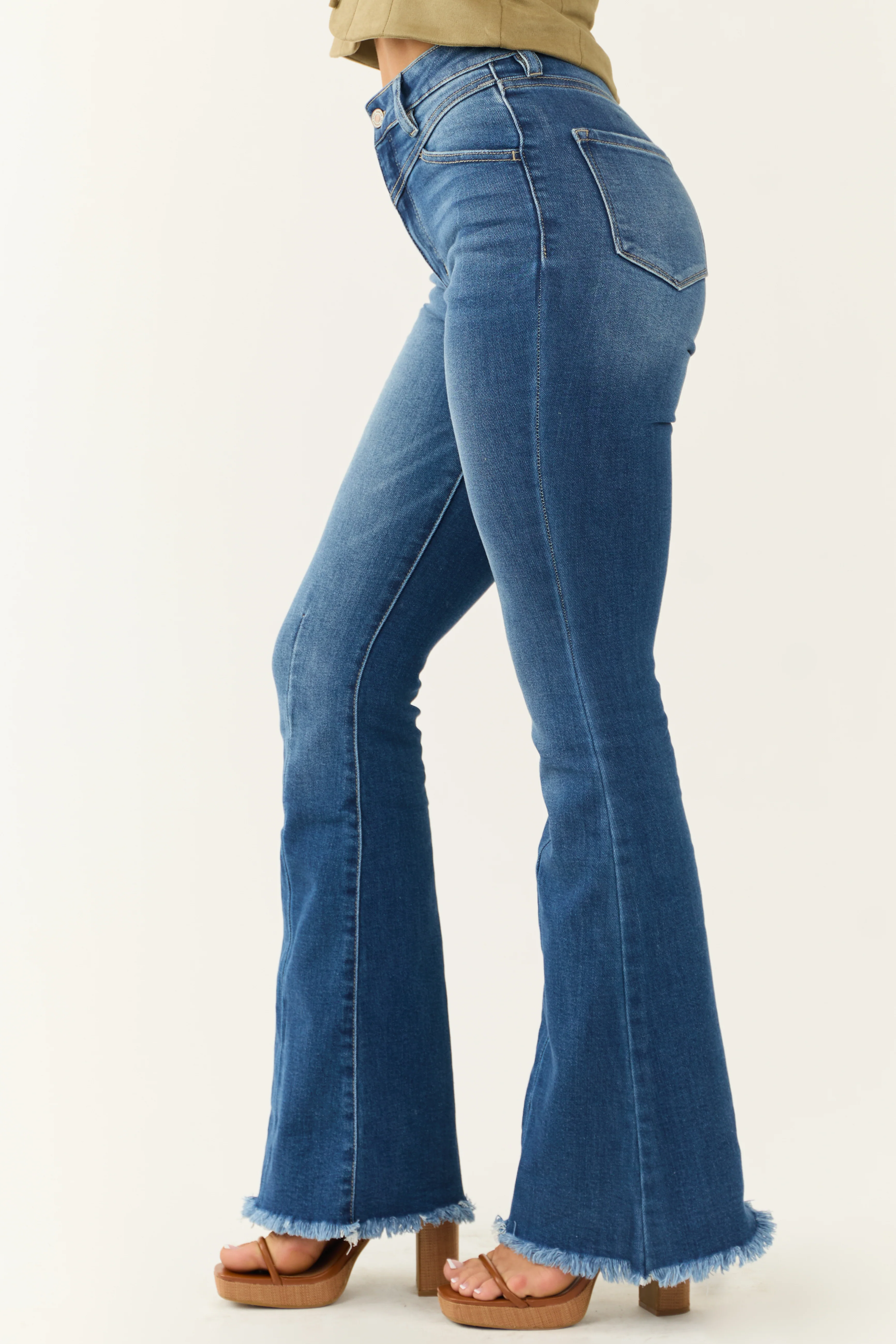 KanCan Medium Wash High Rise Frayed Hem Flare Jeans - Image 4