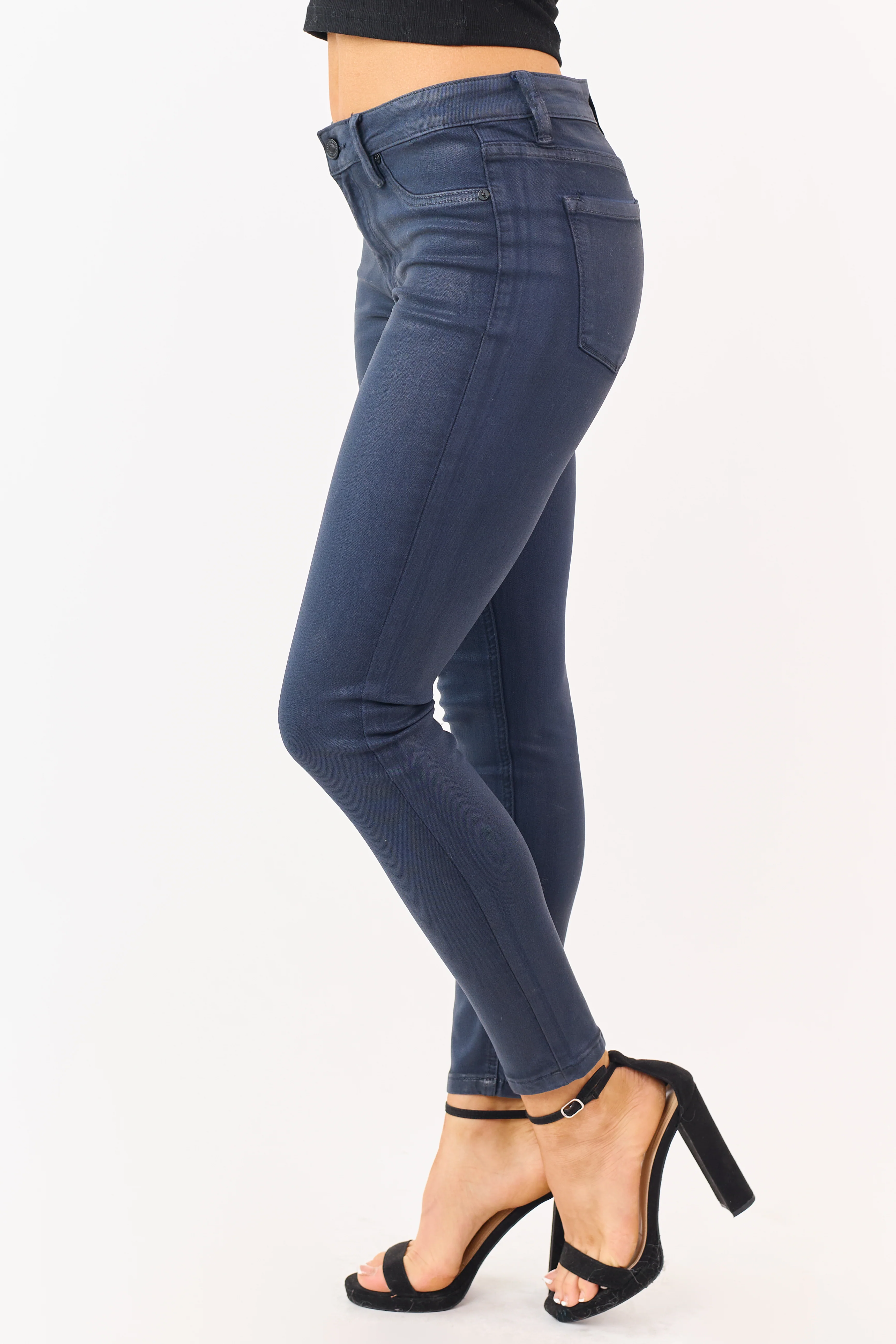 KanCan Navy Mid Rise Coated Stretchy Skinny Jeans - Image 3