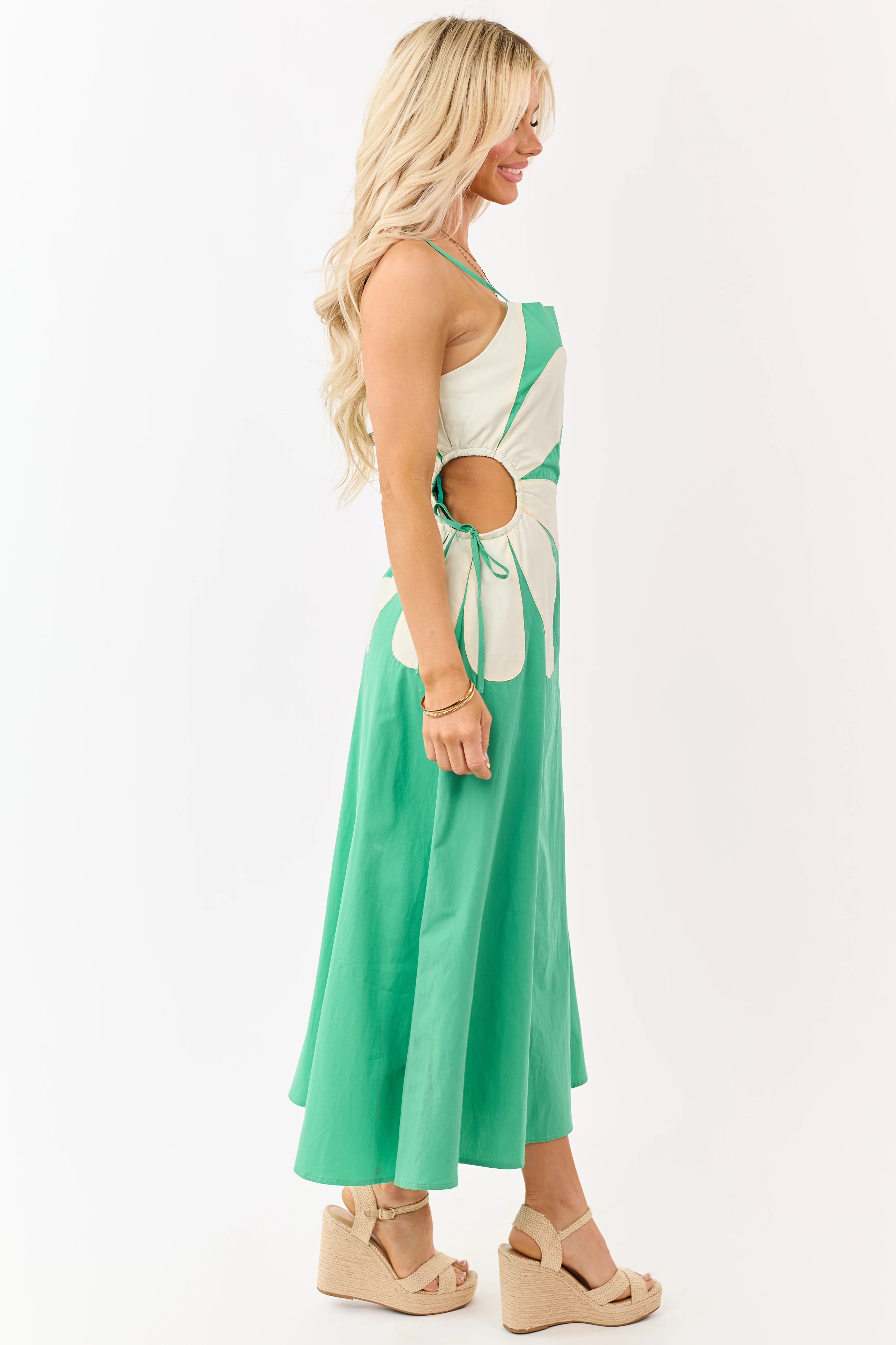 Kelly Green Cotton Side Cut Out Flower Midi Dress - Image 4