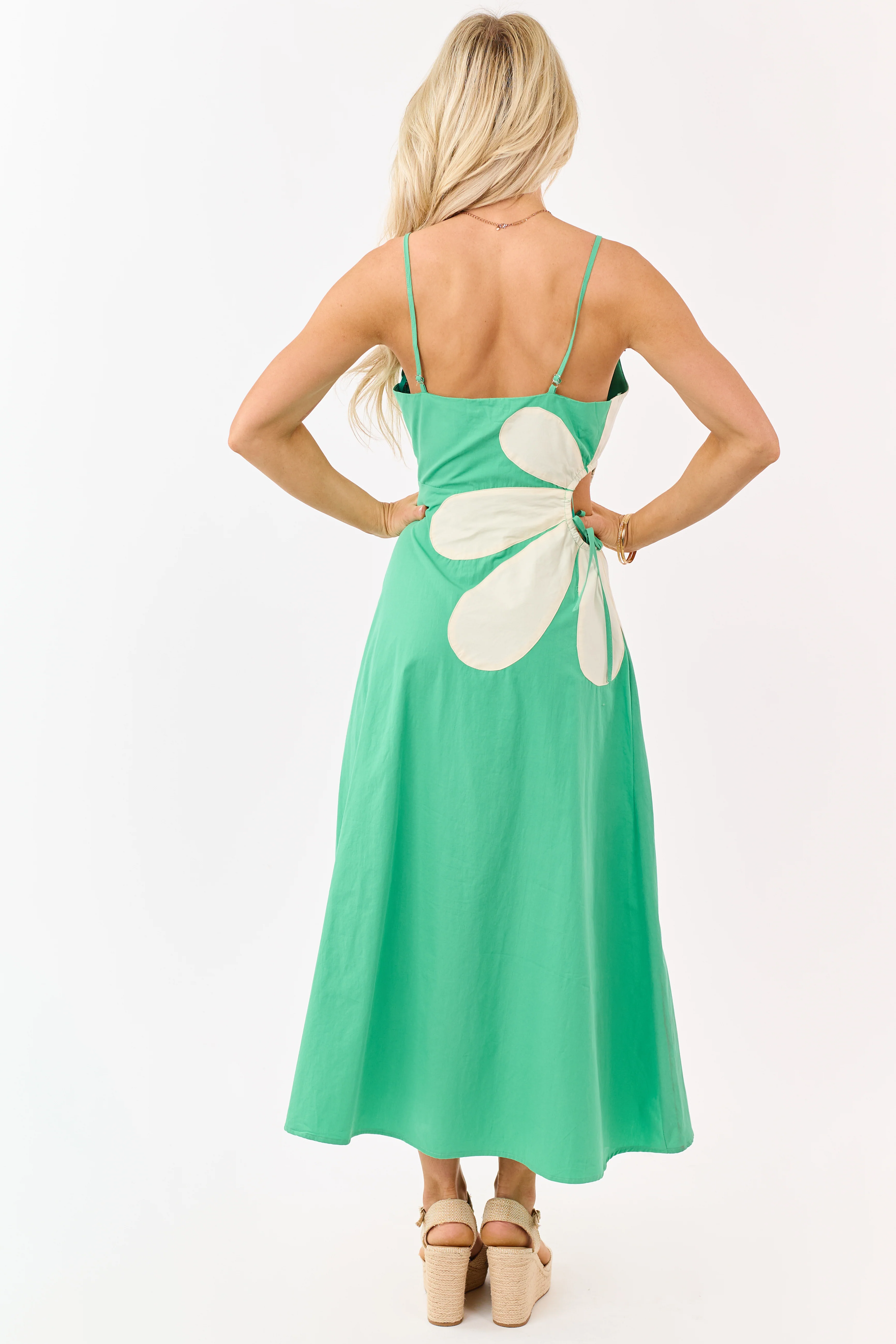 Kelly Green Cotton Side Cut Out Flower Midi Dress - Image 5