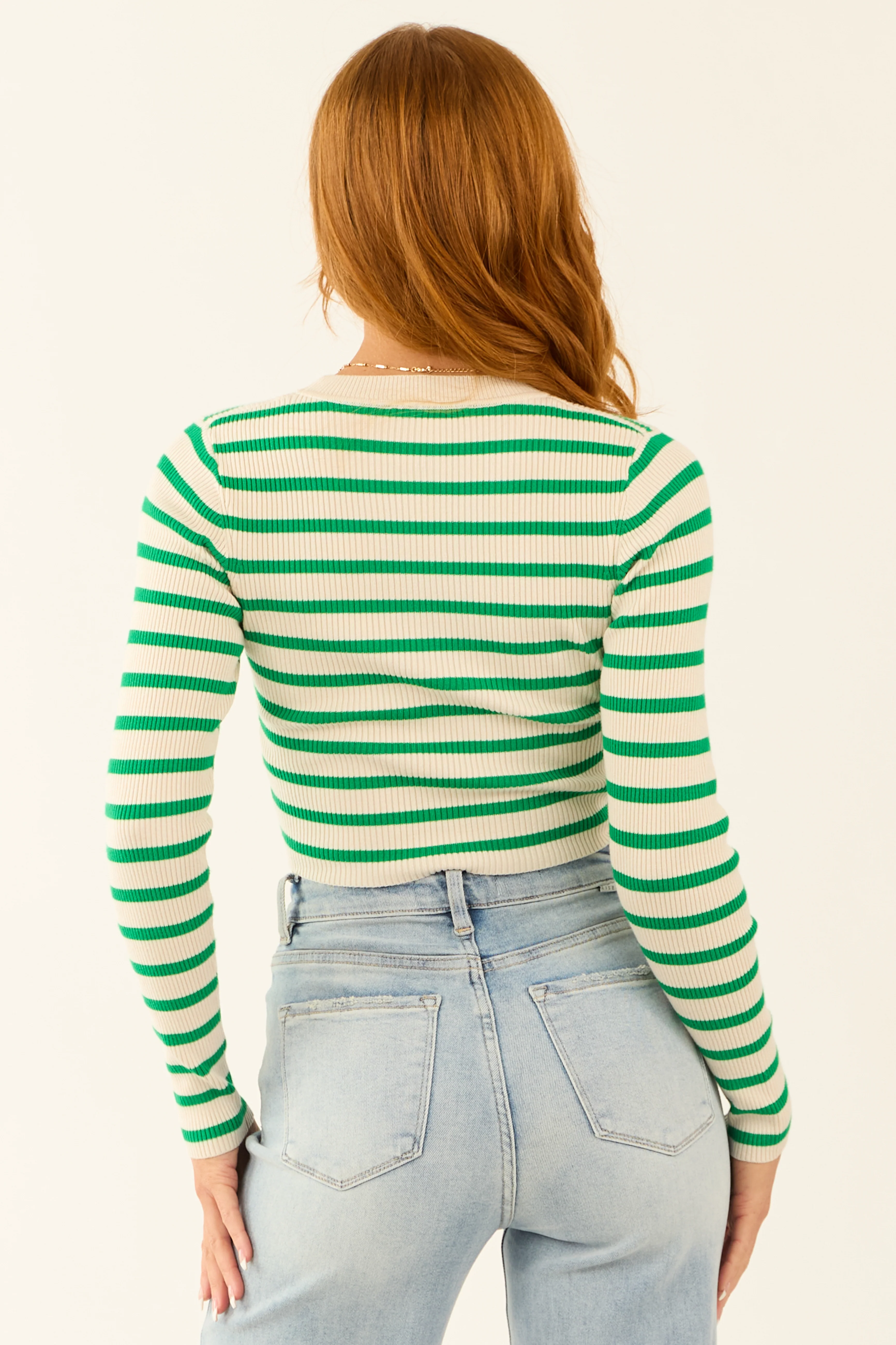 Kelly Green and Cream Striped Ribbed Crop Top - Image 6