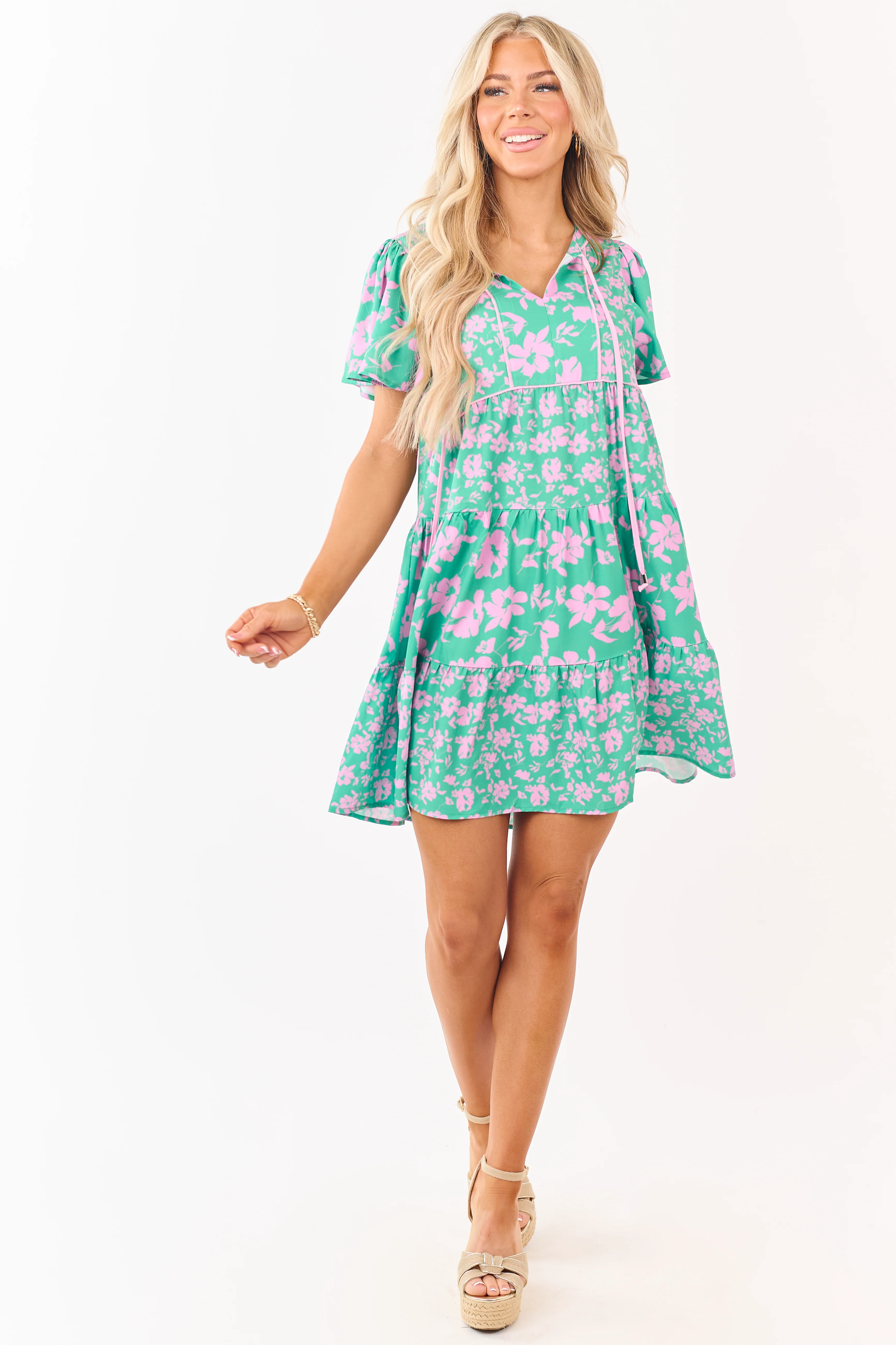 Kelly Green Floral Print Flutter Sleeve Mini Dress - Image 3