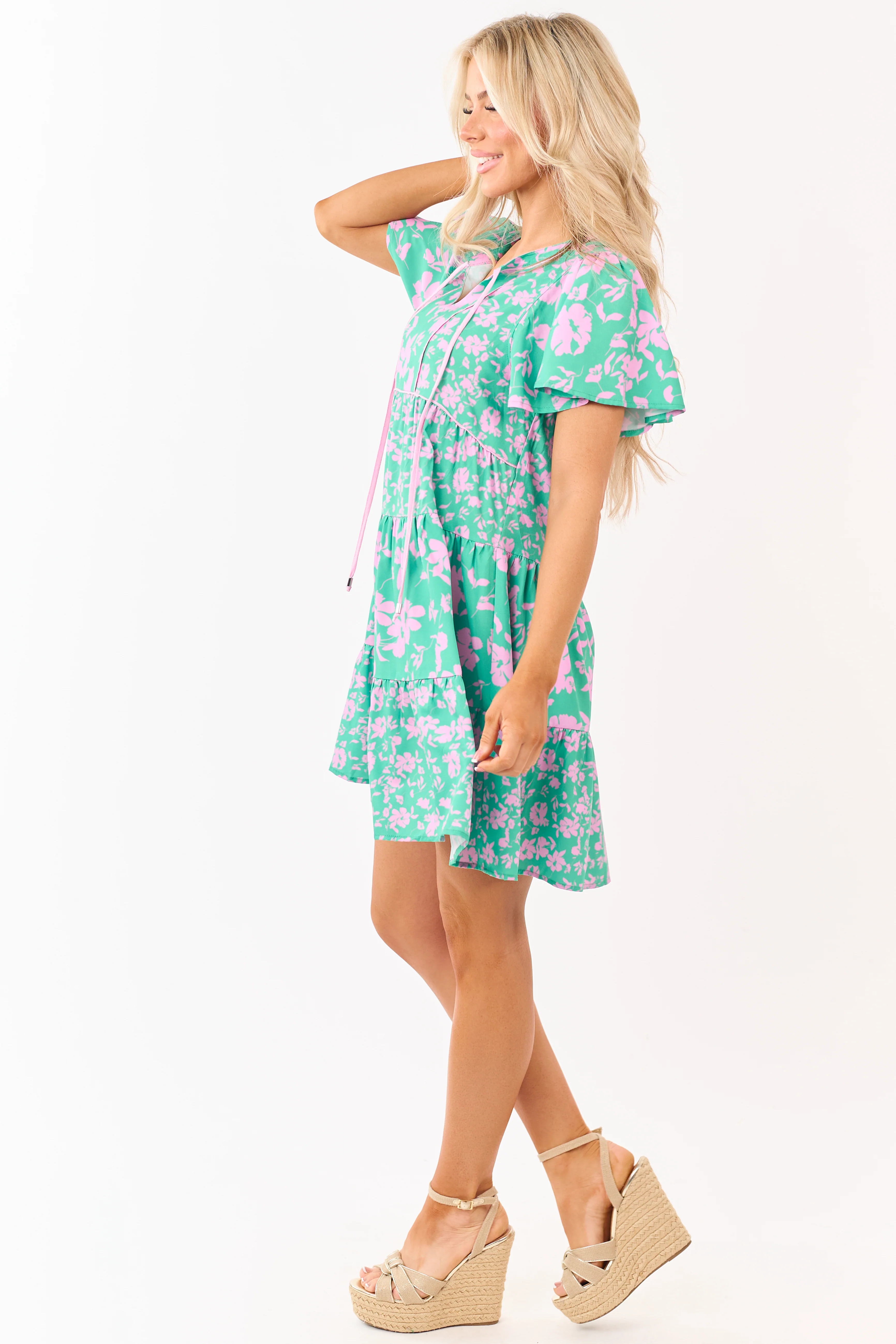 Kelly Green Floral Print Flutter Sleeve Mini Dress - Image 4