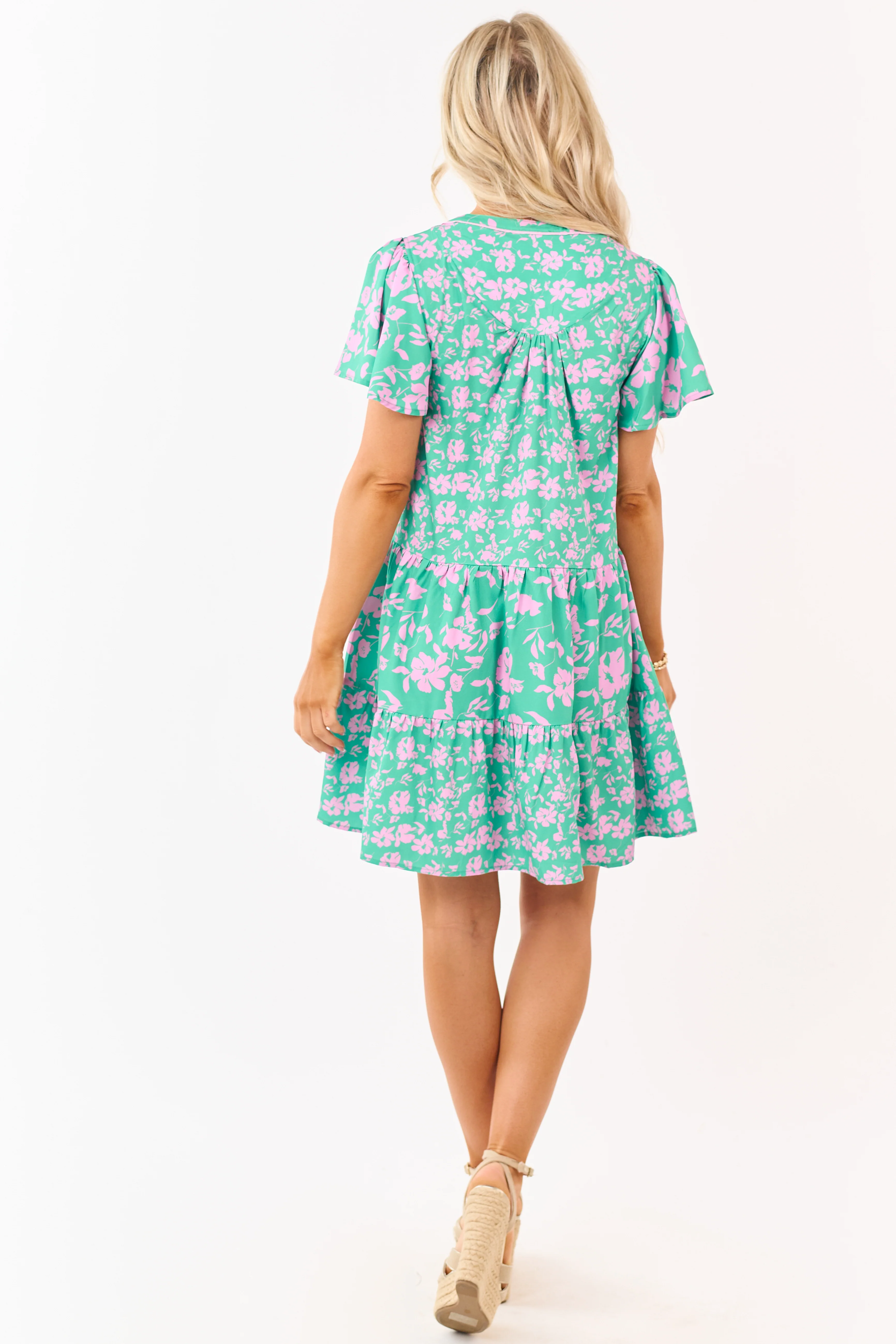 Kelly Green Floral Print Flutter Sleeve Mini Dress - Image 5
