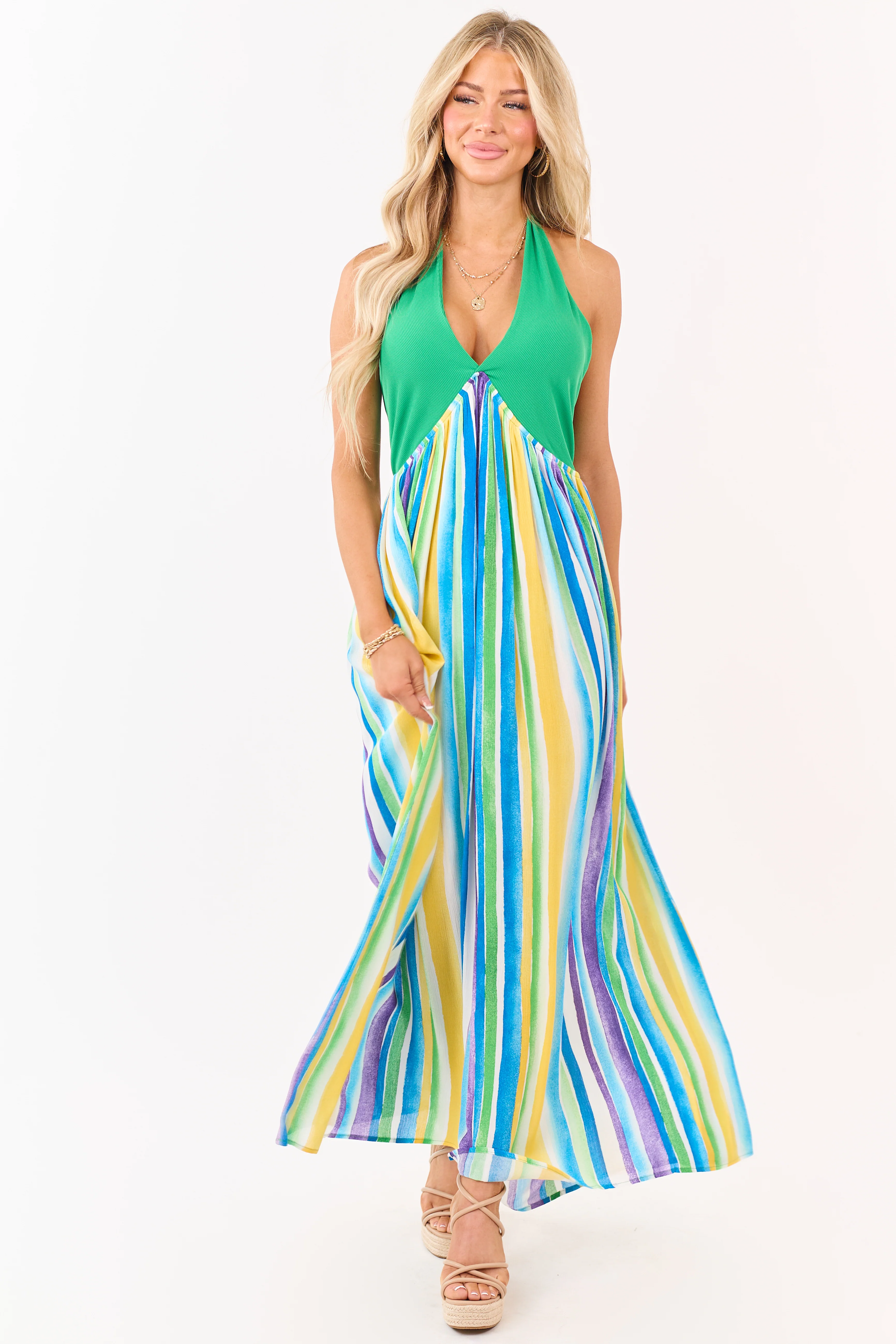 Kelly Green Halter Neck Contrast Striped Maxi Dress - Image 2