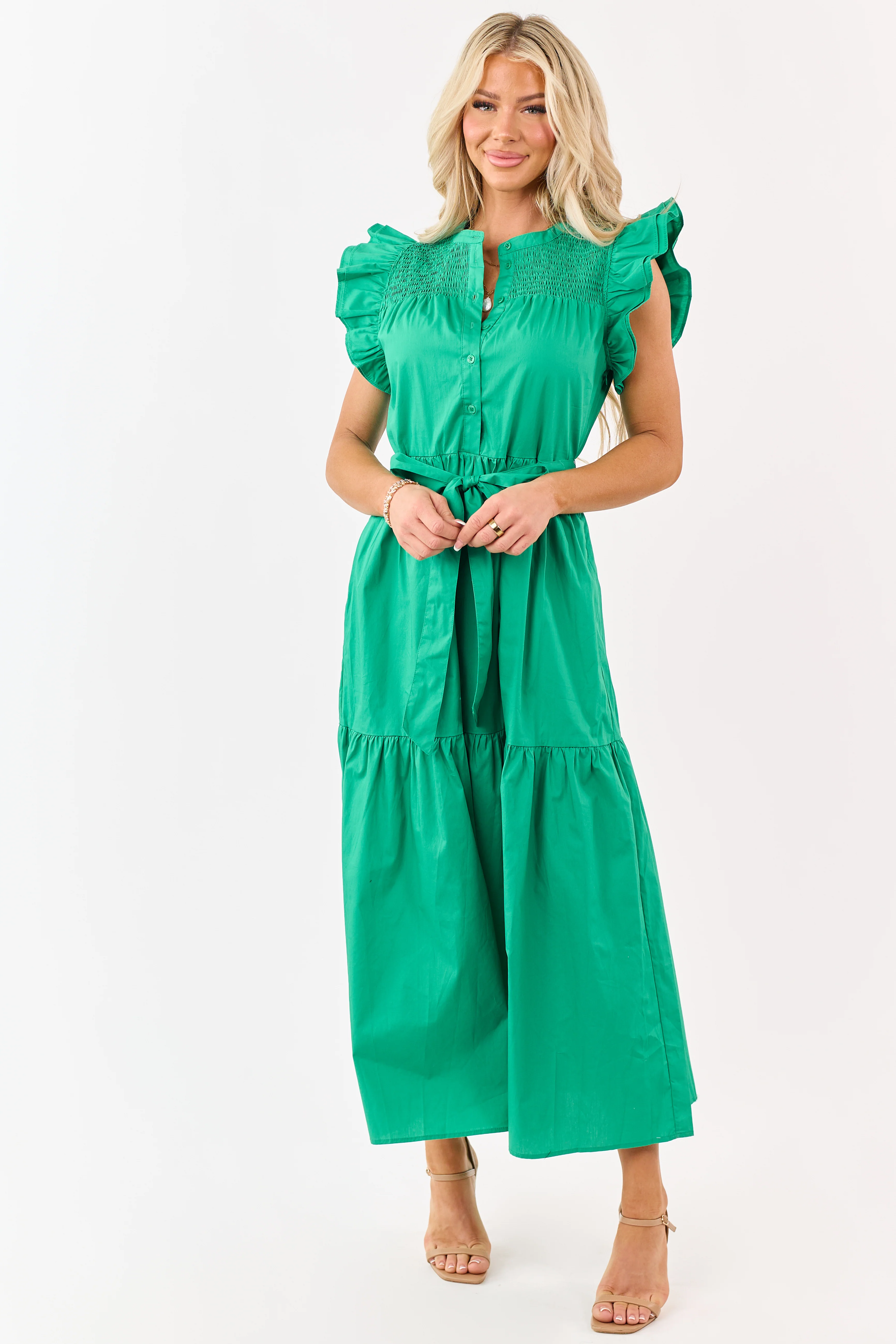 Kelly Green Ruffle Sleeve Smocked Cotton Midi Dress - Image 2