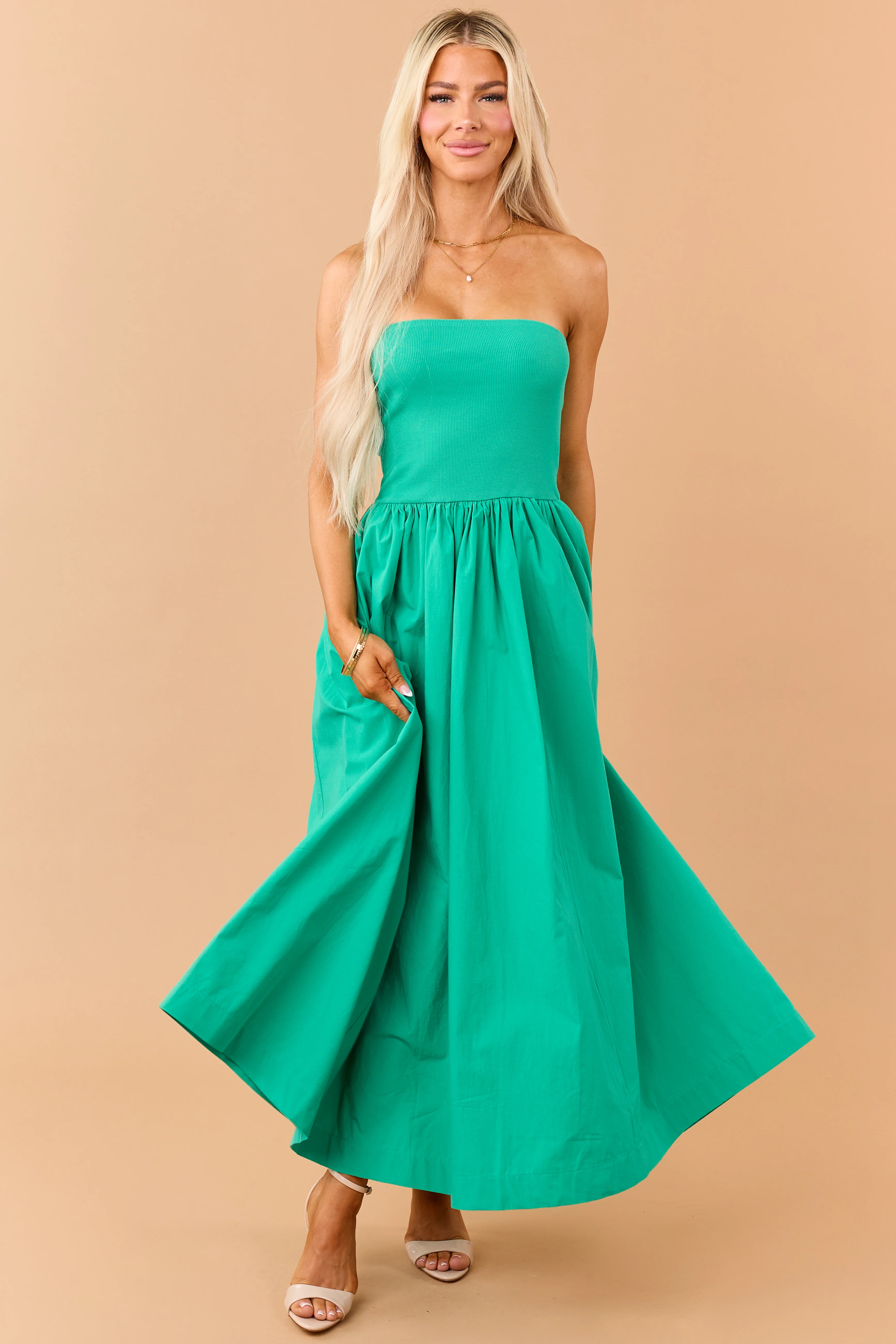 Kelly Green Strapless Knit Contrast Cotton Maxi Dress - Image 2