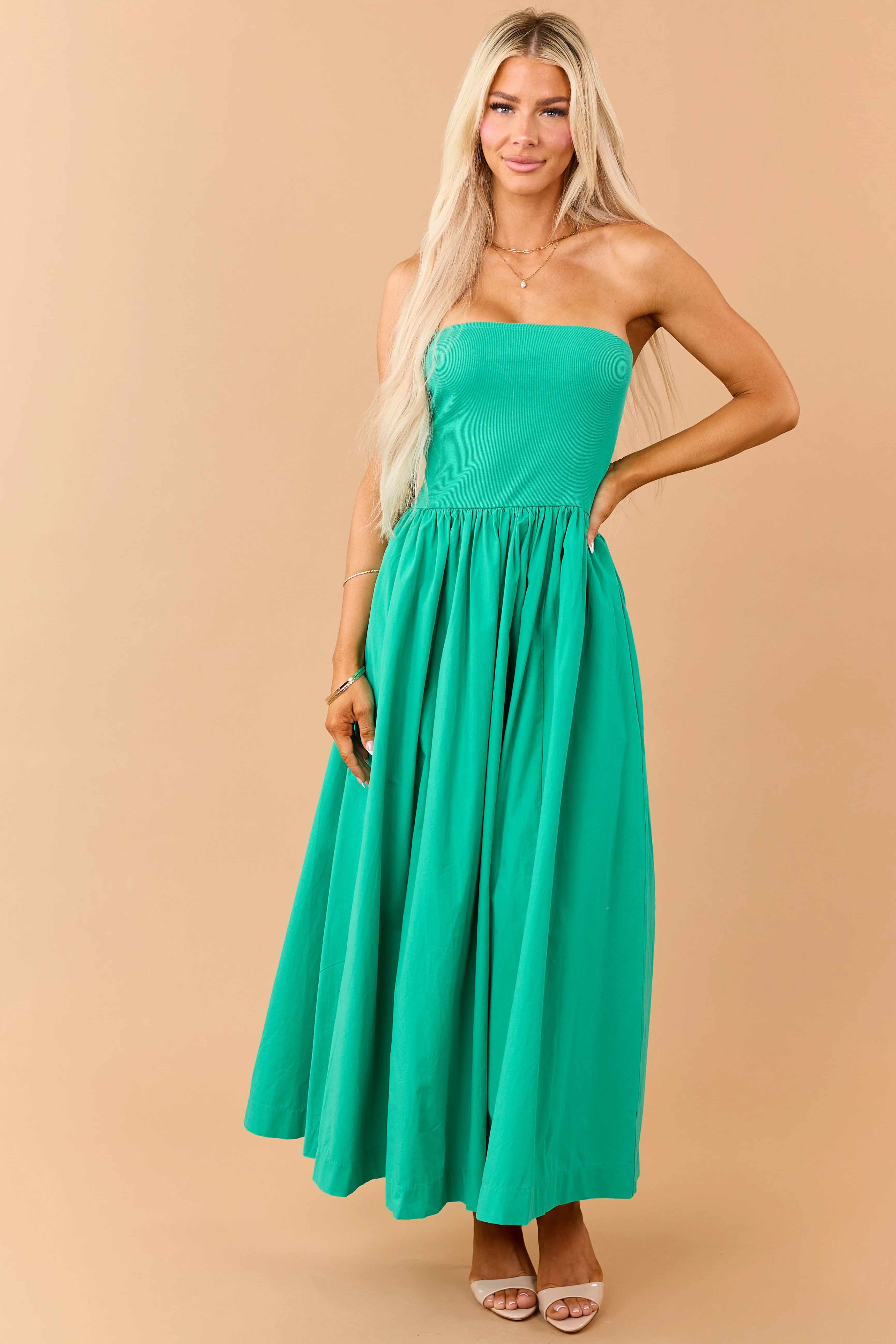 Kelly Green Strapless Knit Contrast Cotton Maxi Dress - Image 3