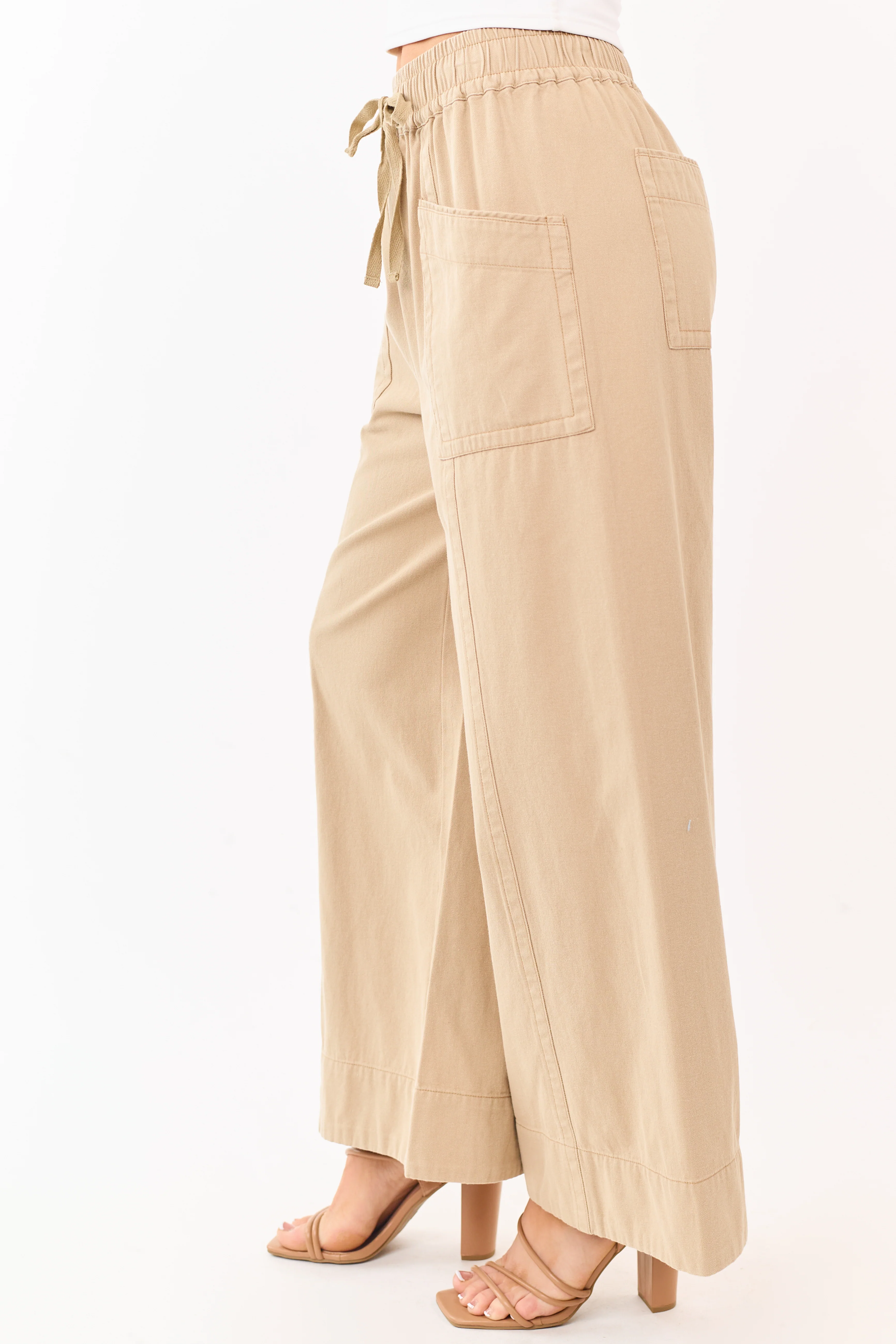 Khaki Elastic Drawstring Waist Wide Leg Twill Pants - Image 3