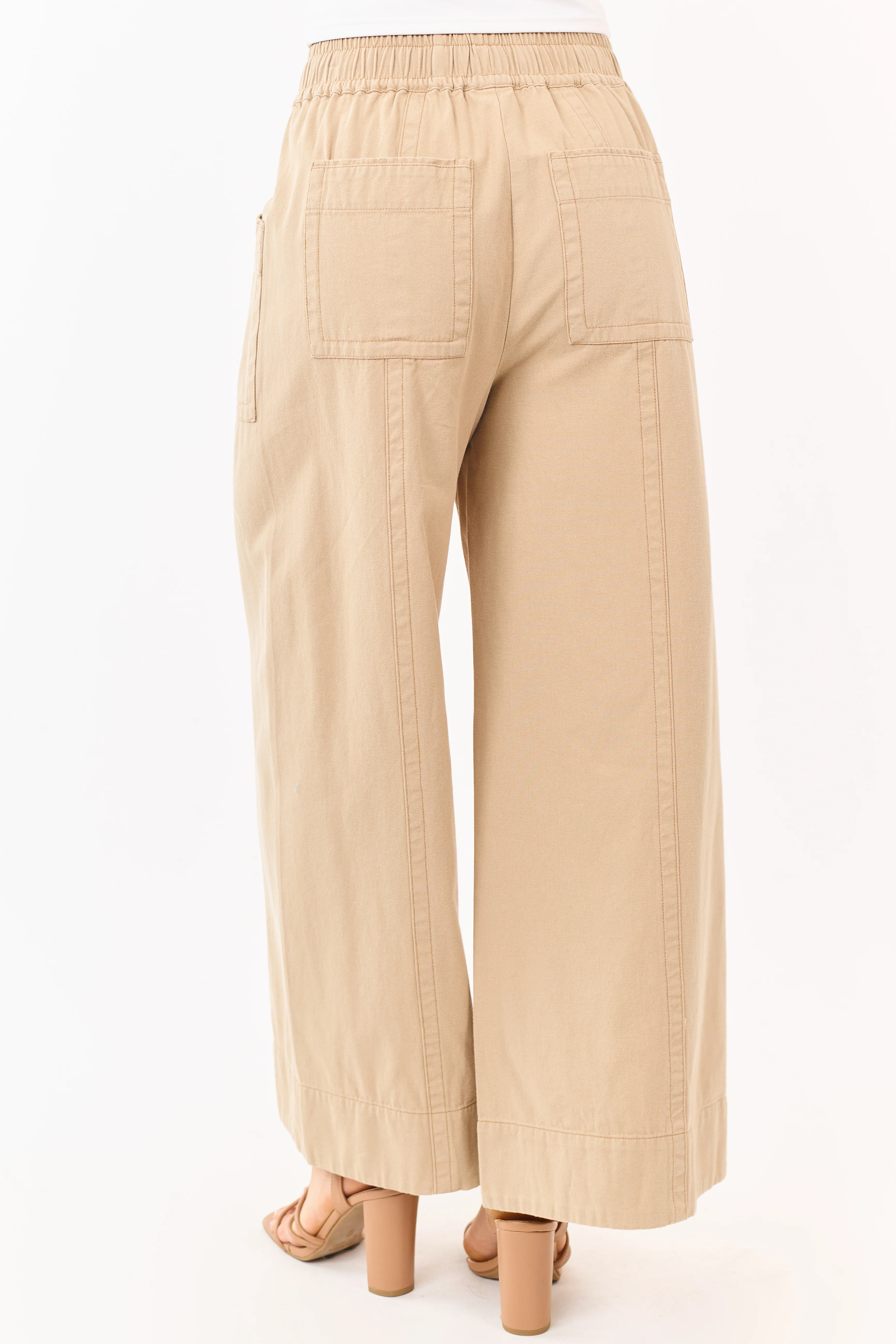 Khaki Elastic Drawstring Waist Wide Leg Twill Pants - Image 4