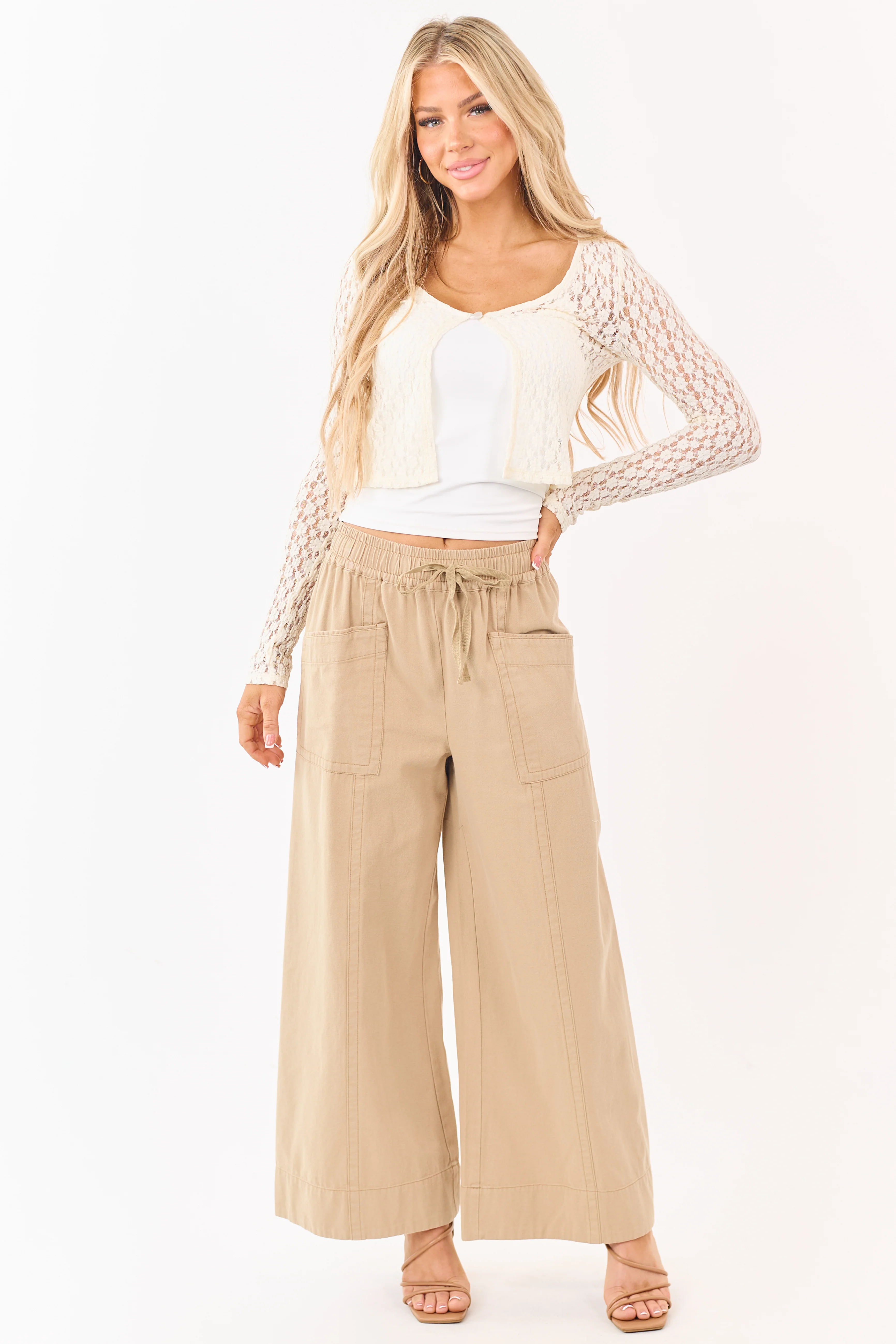 Khaki Elastic Drawstring Waist Wide Leg Twill Pants - Image 5