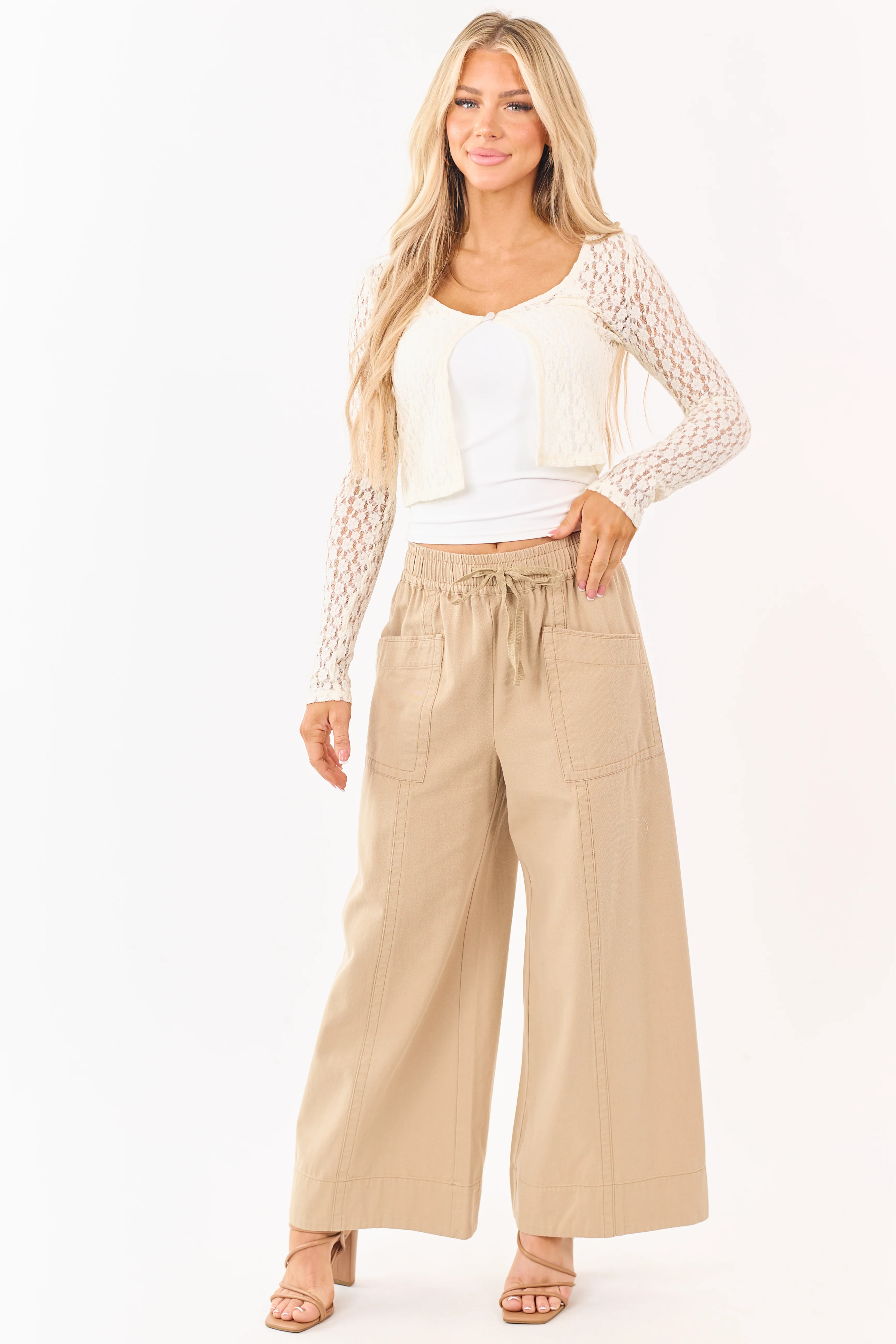 Khaki Elastic Drawstring Waist Wide Leg Twill Pants - Image 6