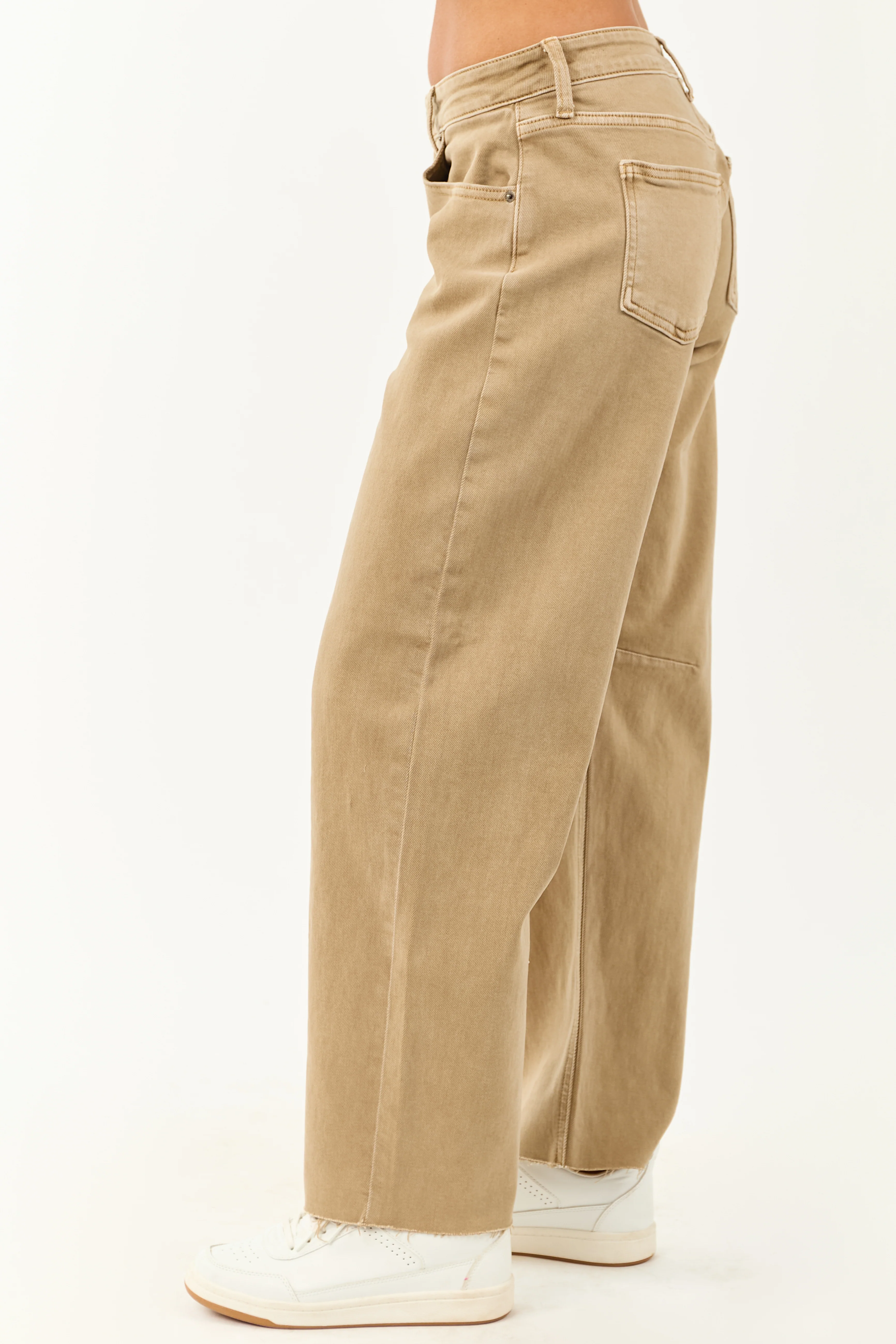 Khaki Mid Rise Raw Hem Barrel Jeans - Image 3
