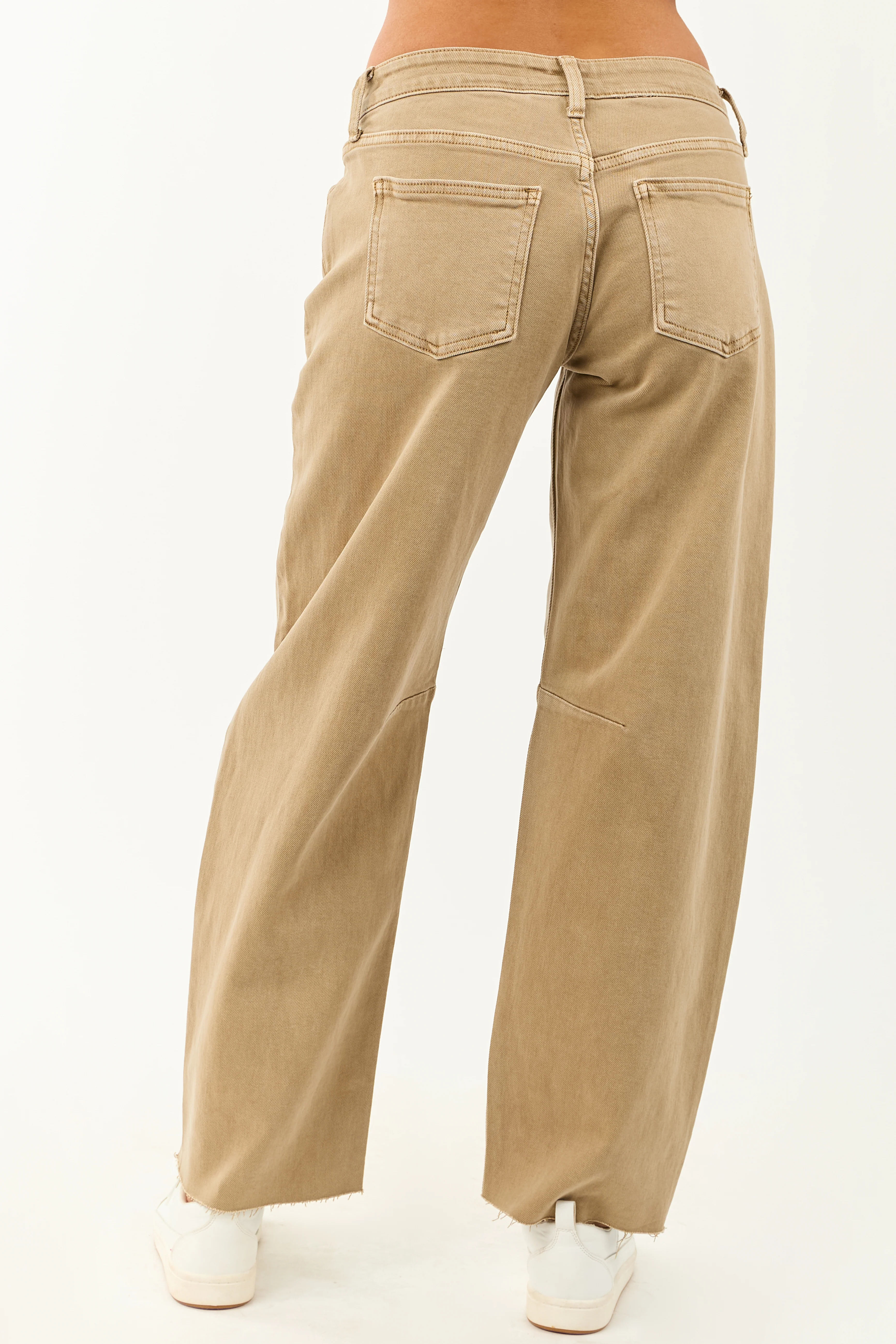 Khaki Mid Rise Raw Hem Barrel Jeans - Image 4