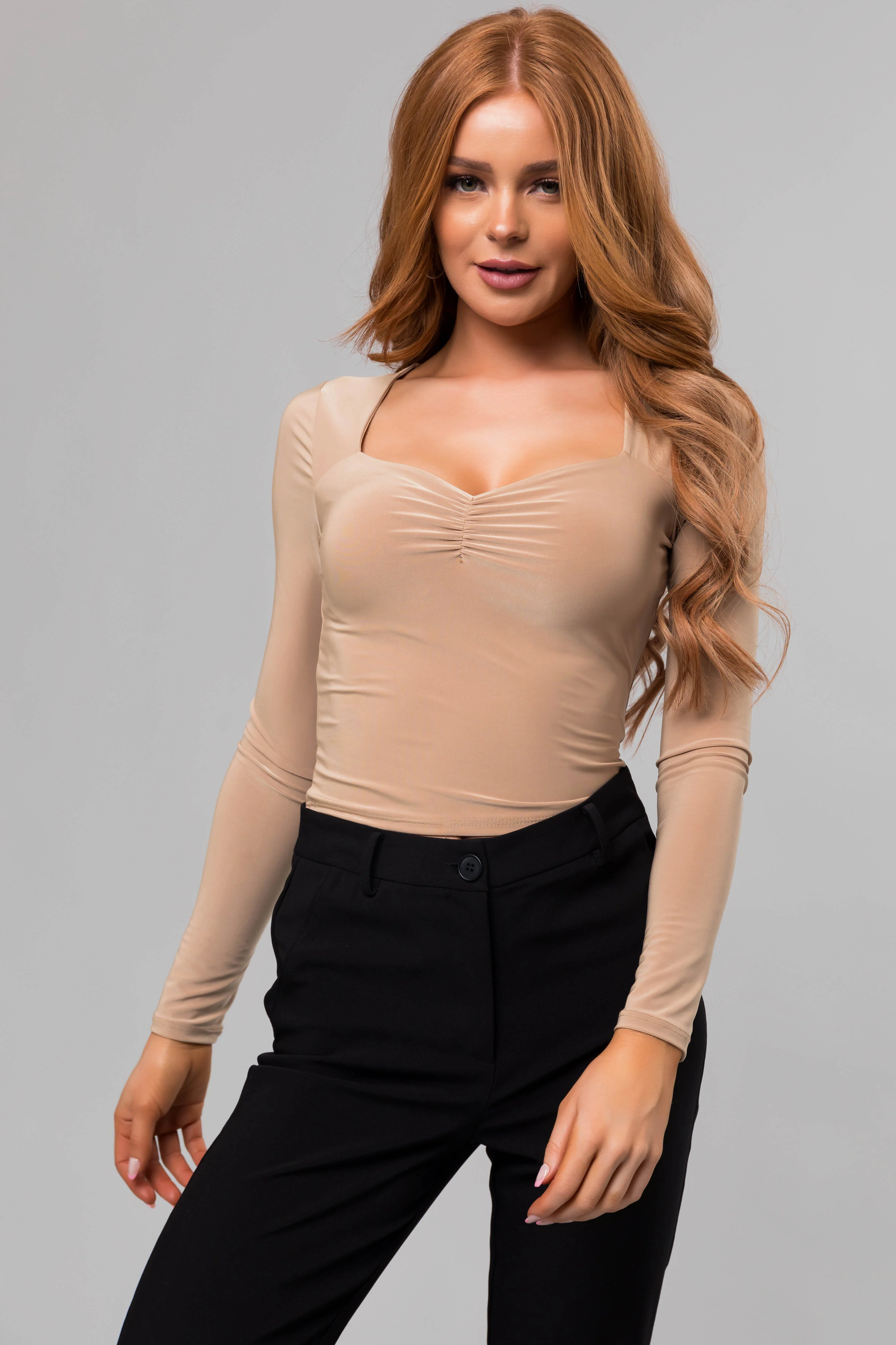 Khaki Sweetheart Neck Long Sleeve Crop Top - Image 4