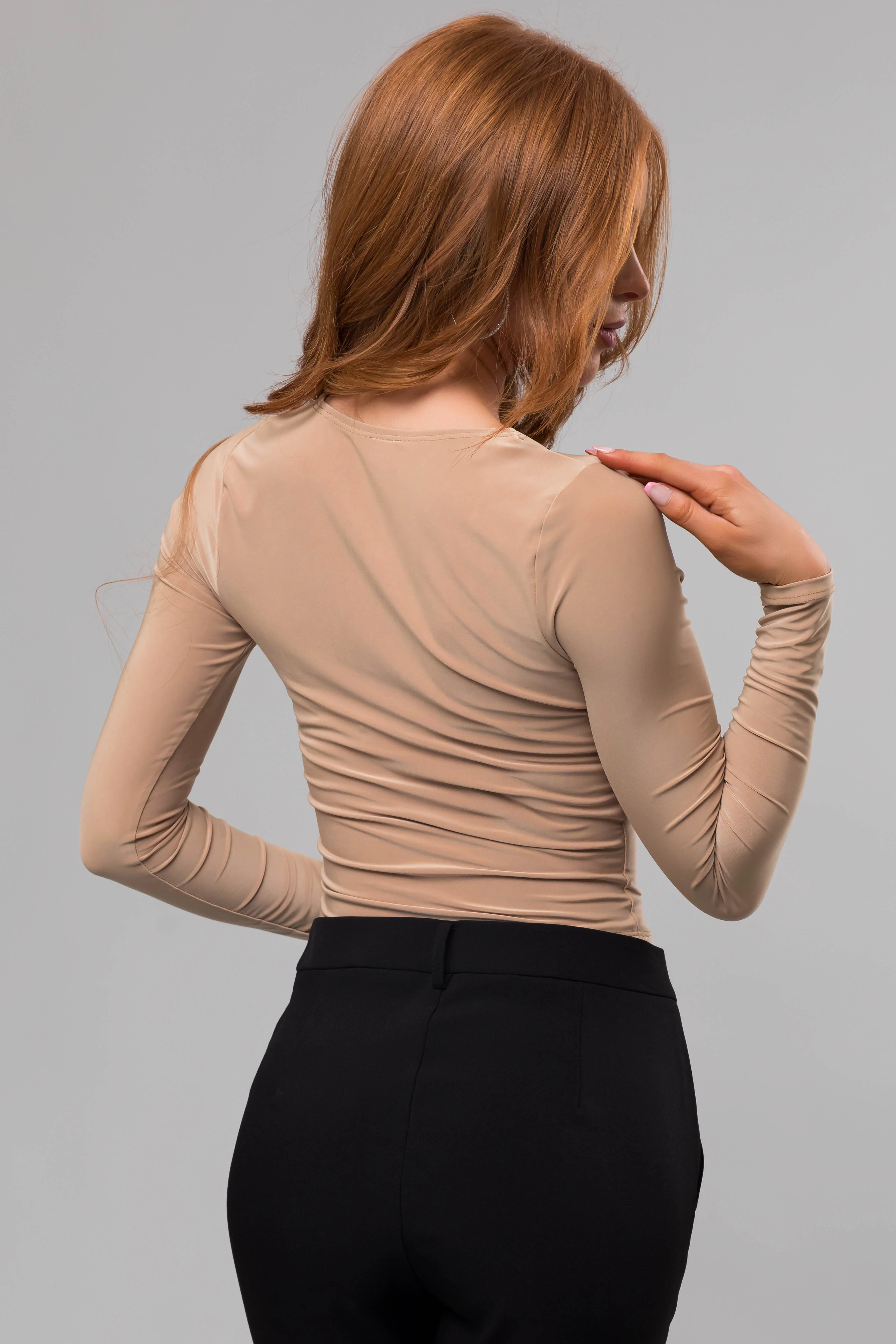 Khaki Sweetheart Neck Long Sleeve Crop Top - Image 7