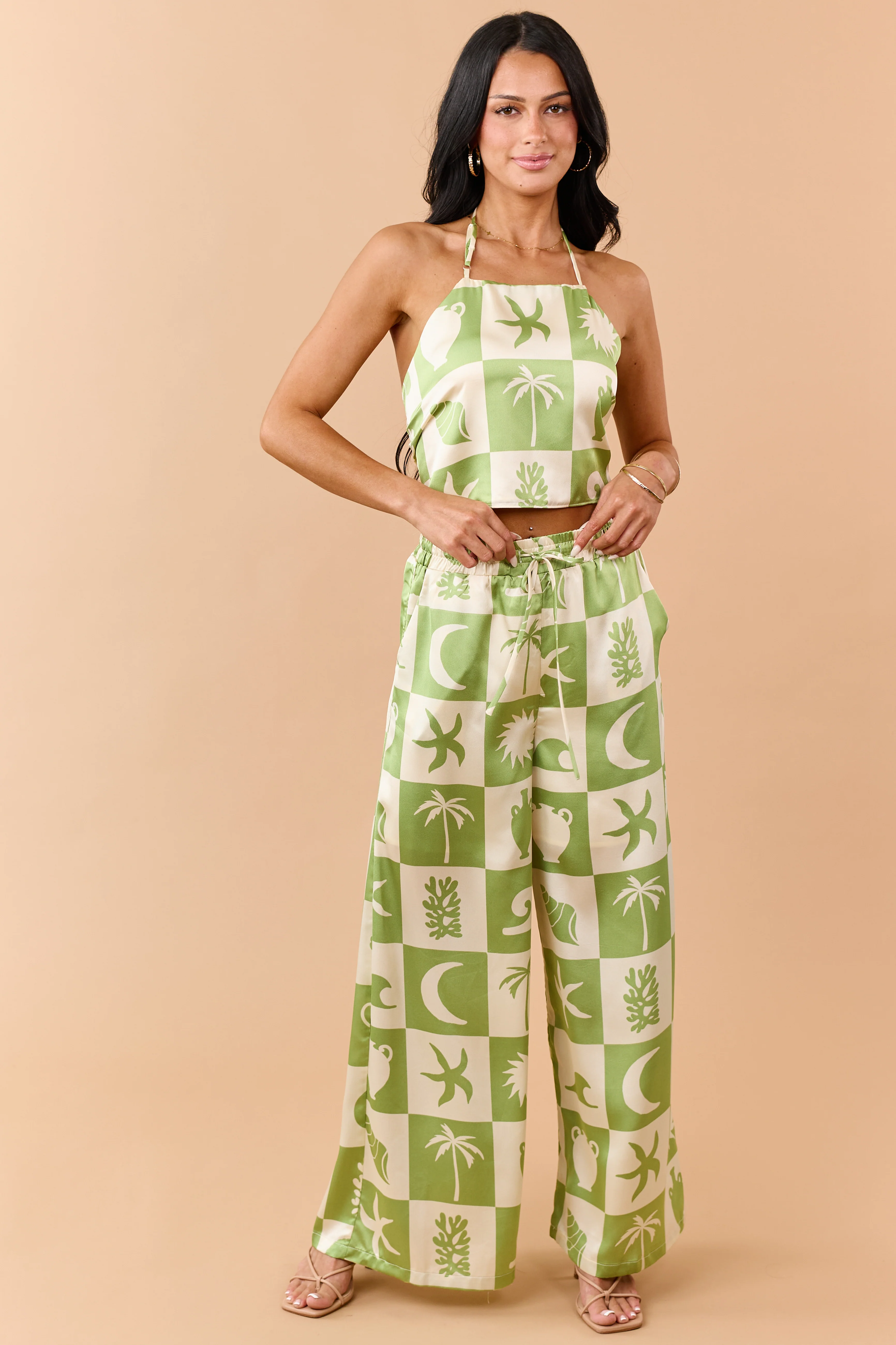 Kiwi Checkered Coastal Print Satin Pants Set