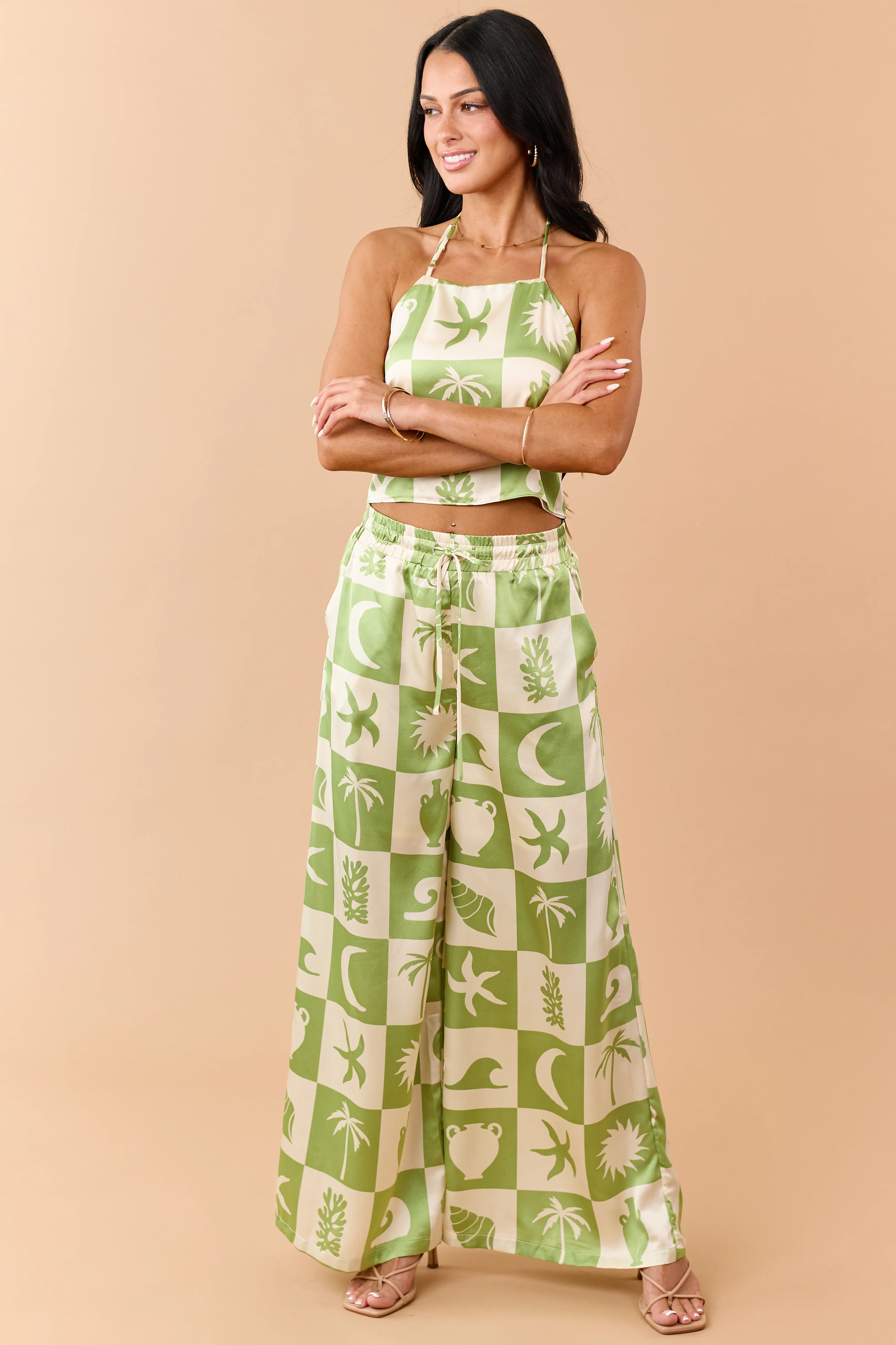 Kiwi Checkered Coastal Print Satin Pants Set - Image 4