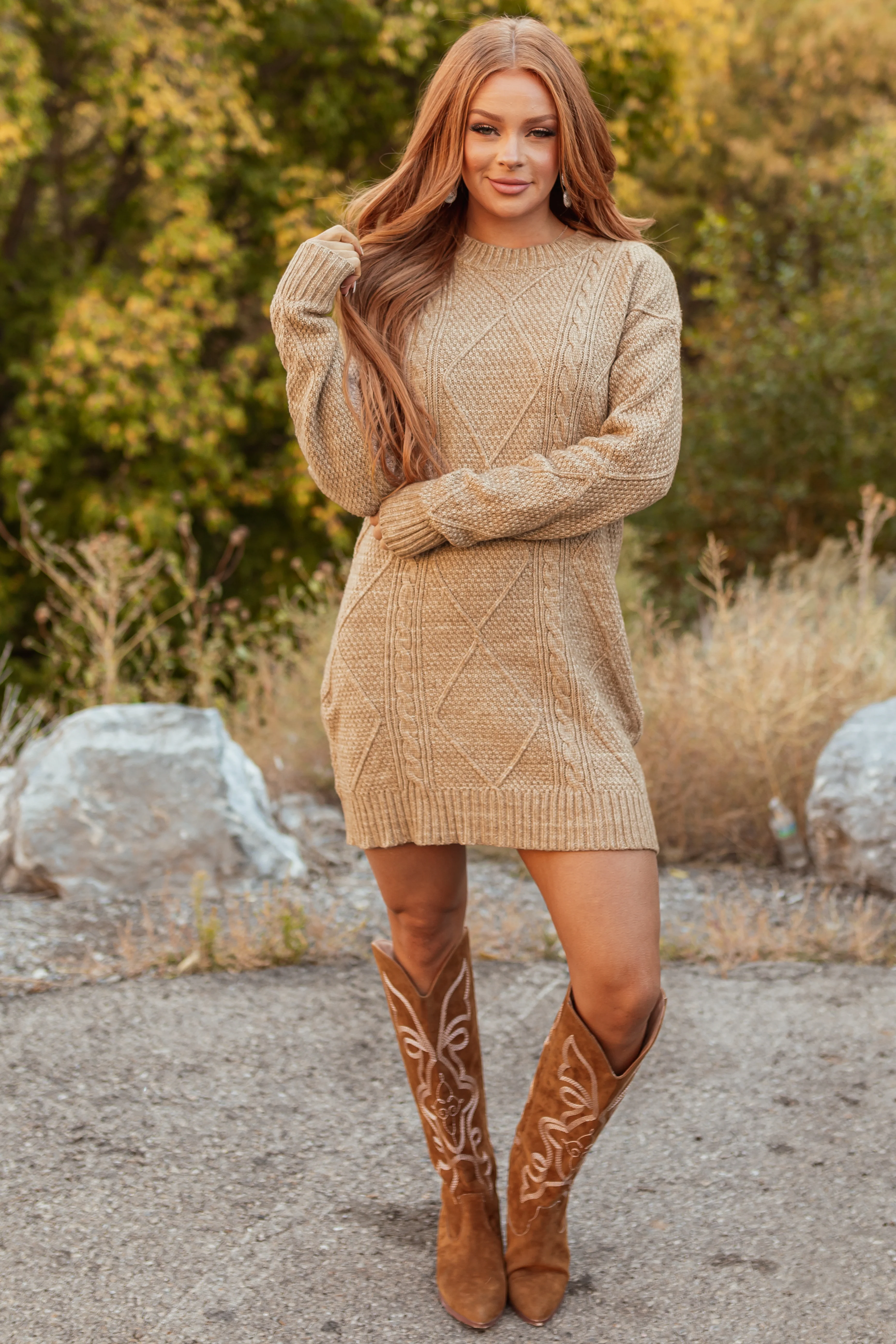 Latte Cable Knit Loose Fit Short Sweater Dress - Image 2