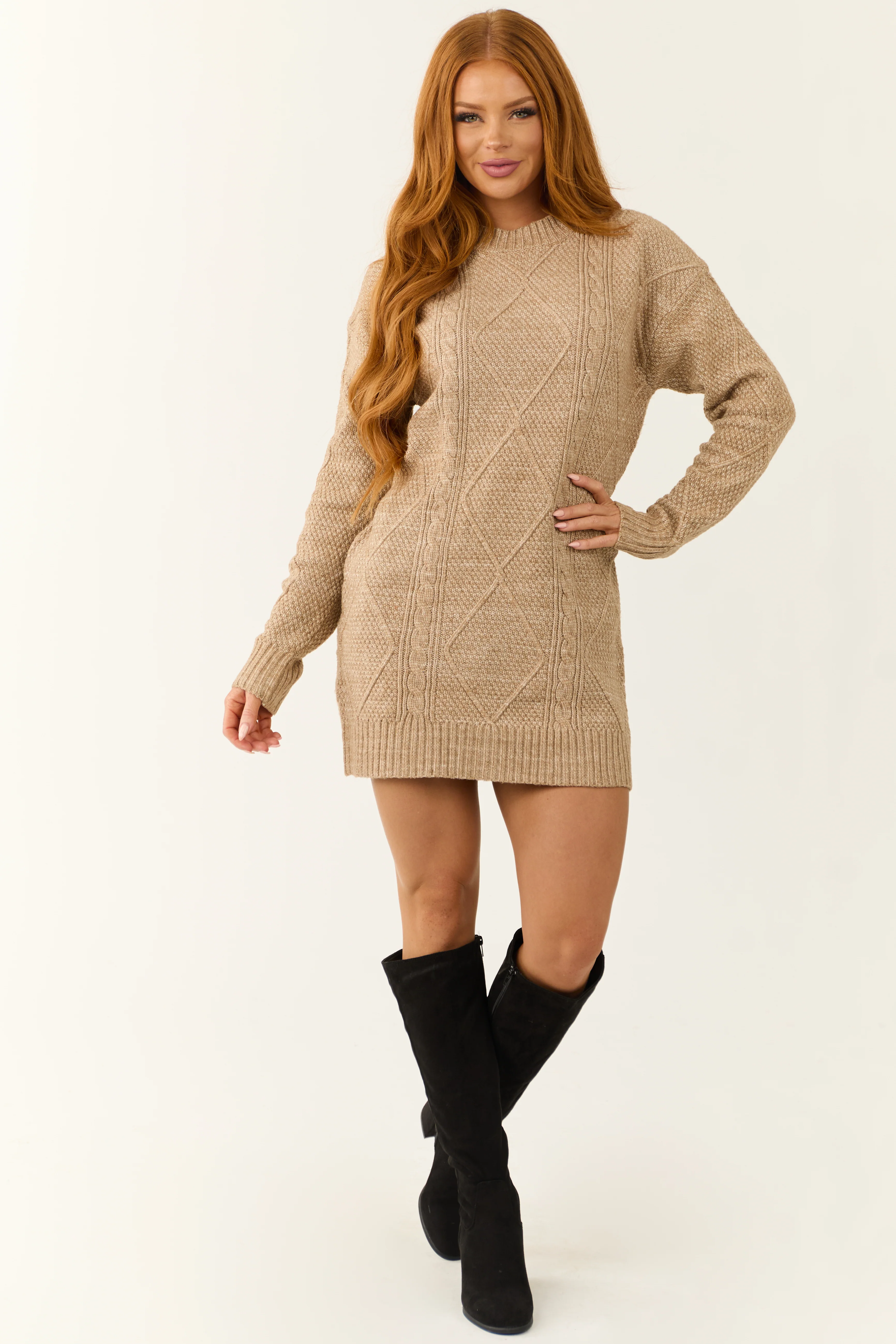 Latte Cable Knit Loose Fit Short Sweater Dress - Image 5