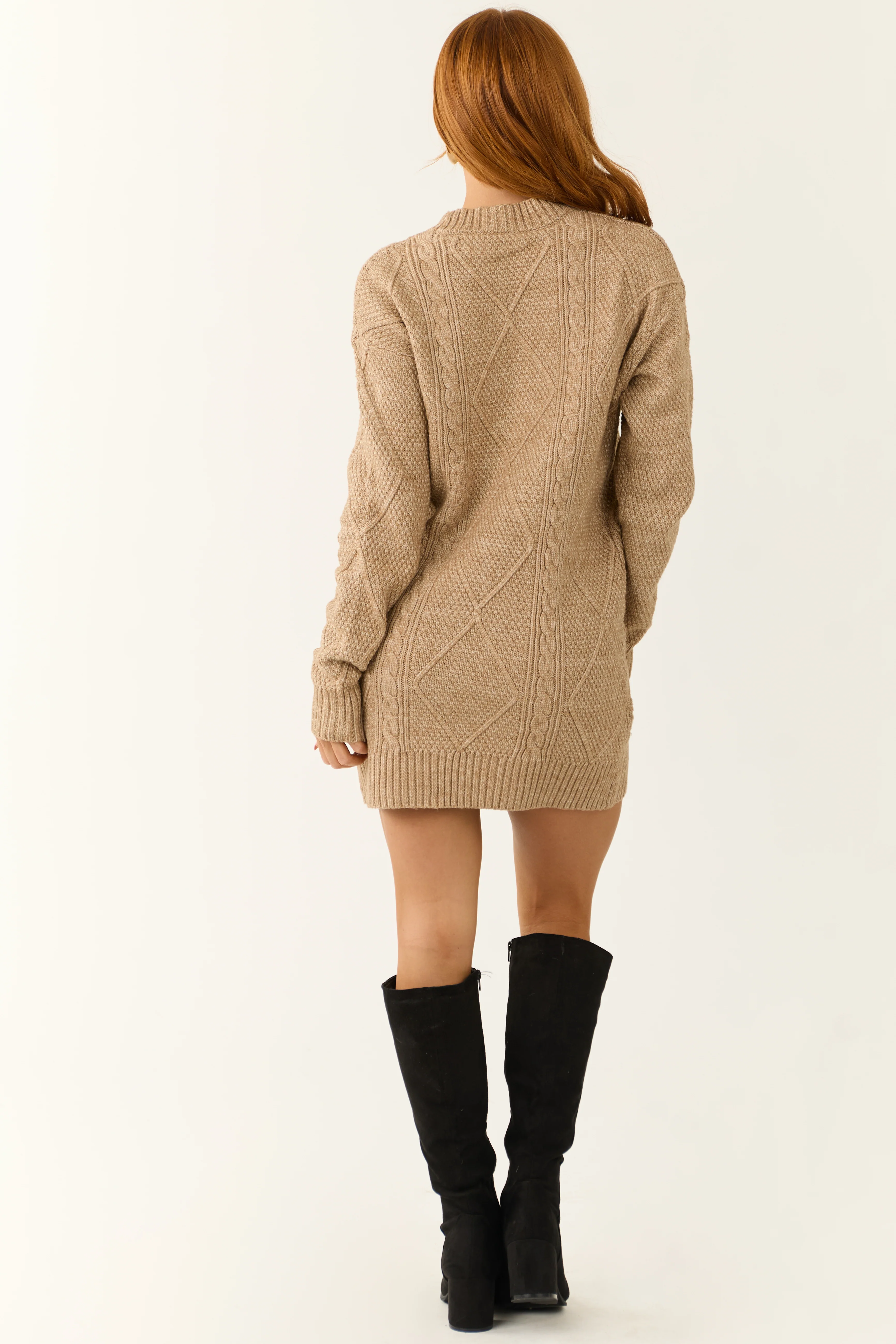 Latte Cable Knit Loose Fit Short Sweater Dress - Image 7