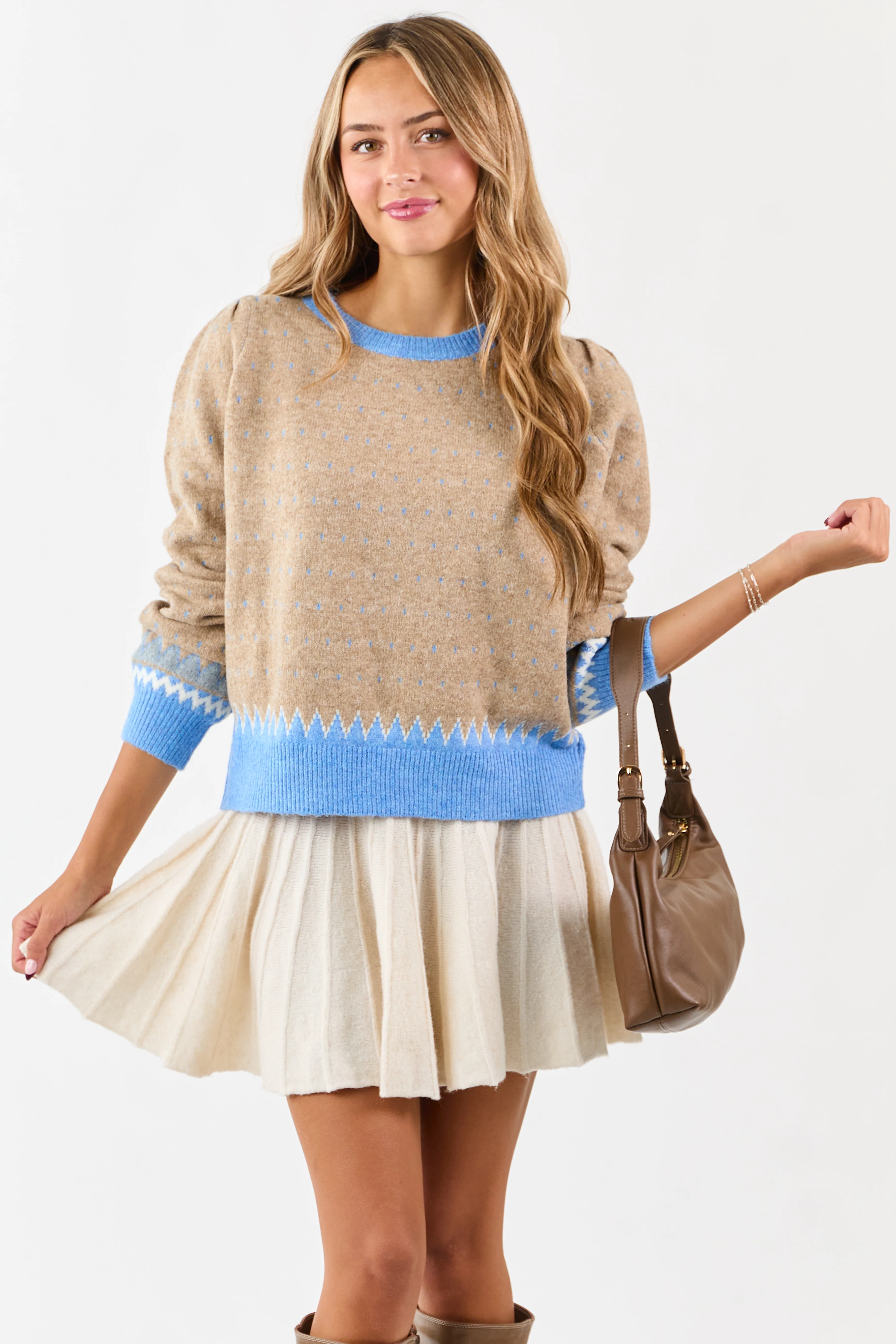 Latte Colorblock Abstract Print Puff Sleeve Sweater - Image 3