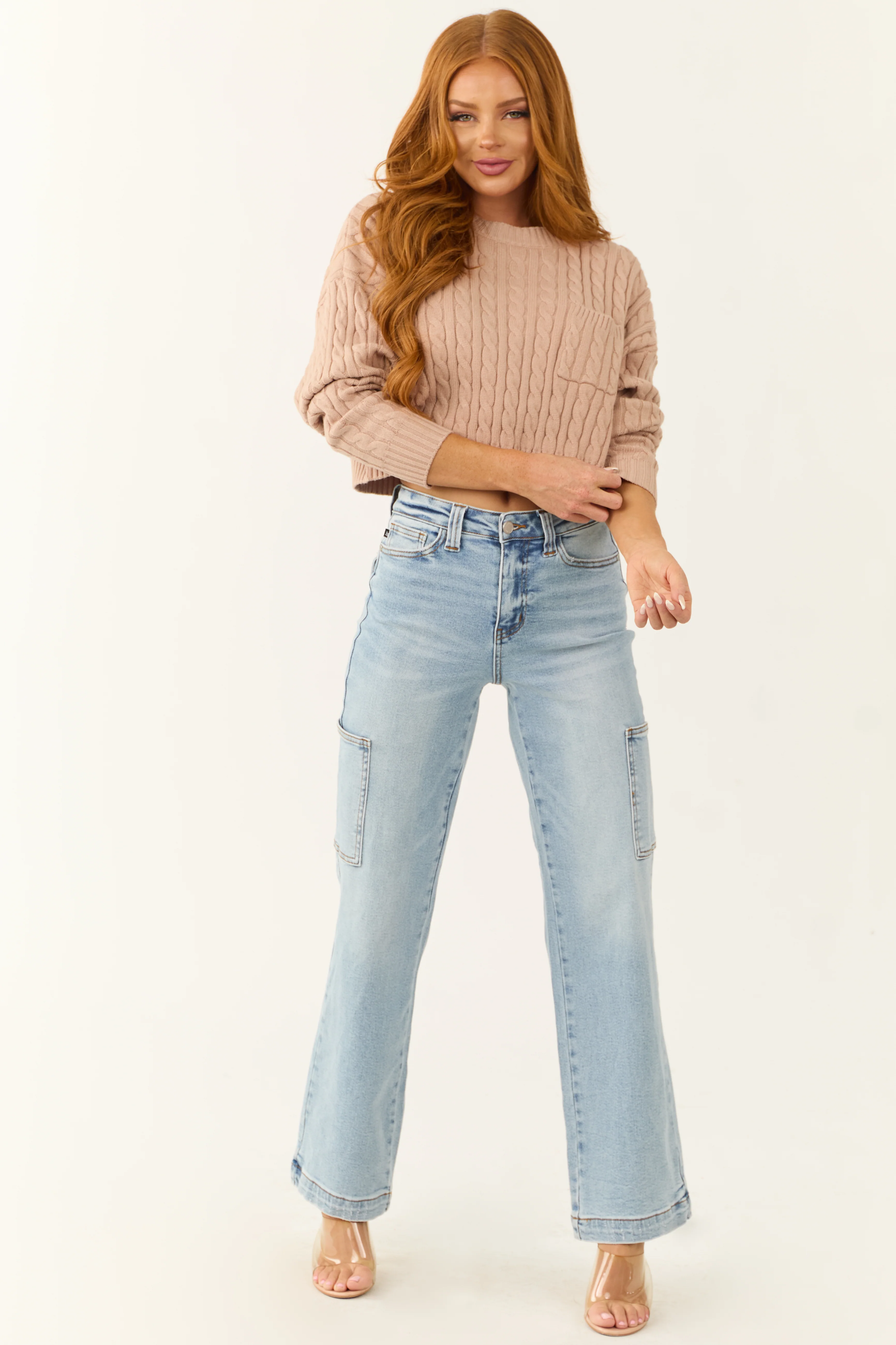 Latte Cropped Soft Cable Knit Sweater - Image 2