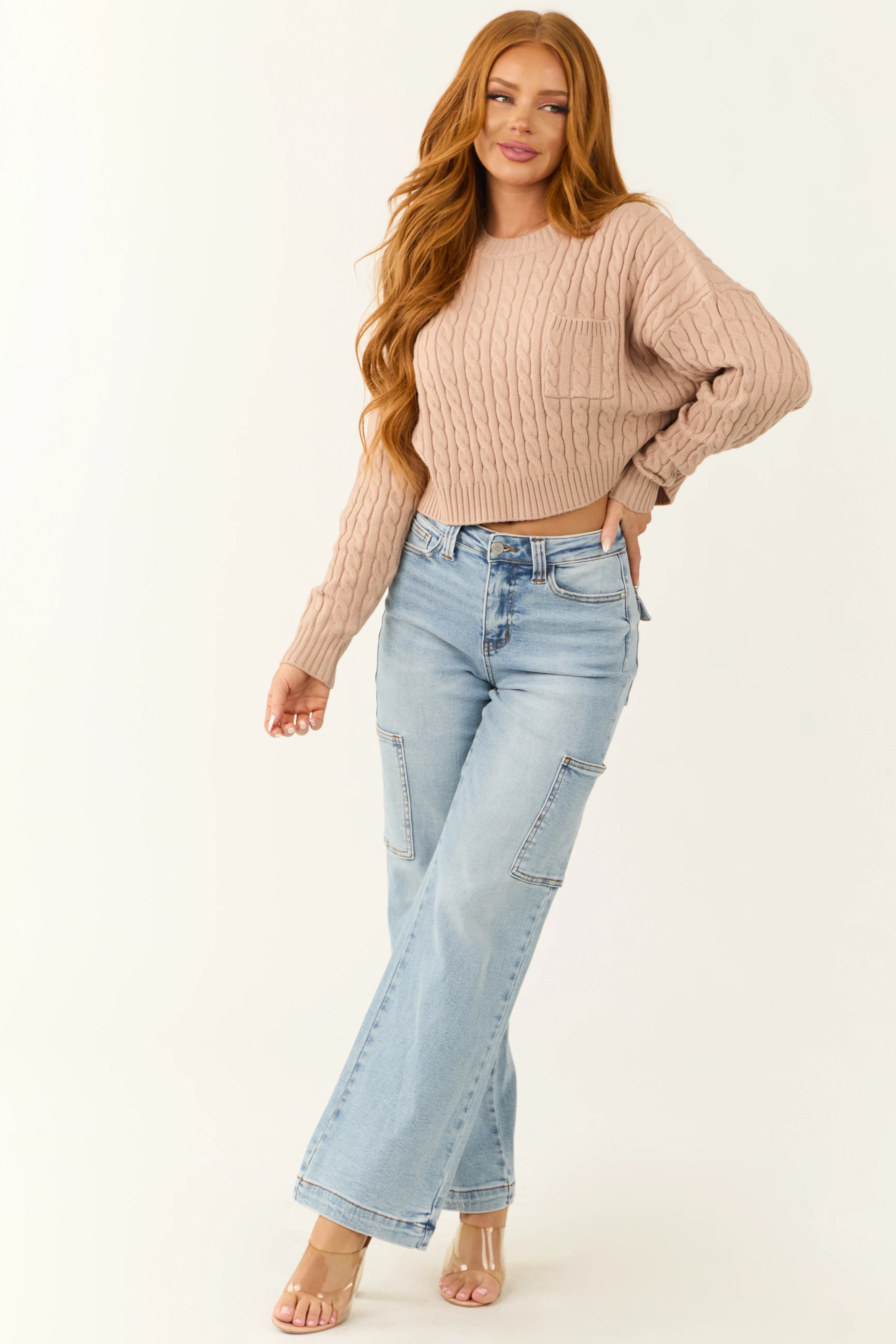 Latte Cropped Soft Cable Knit Sweater - Image 3