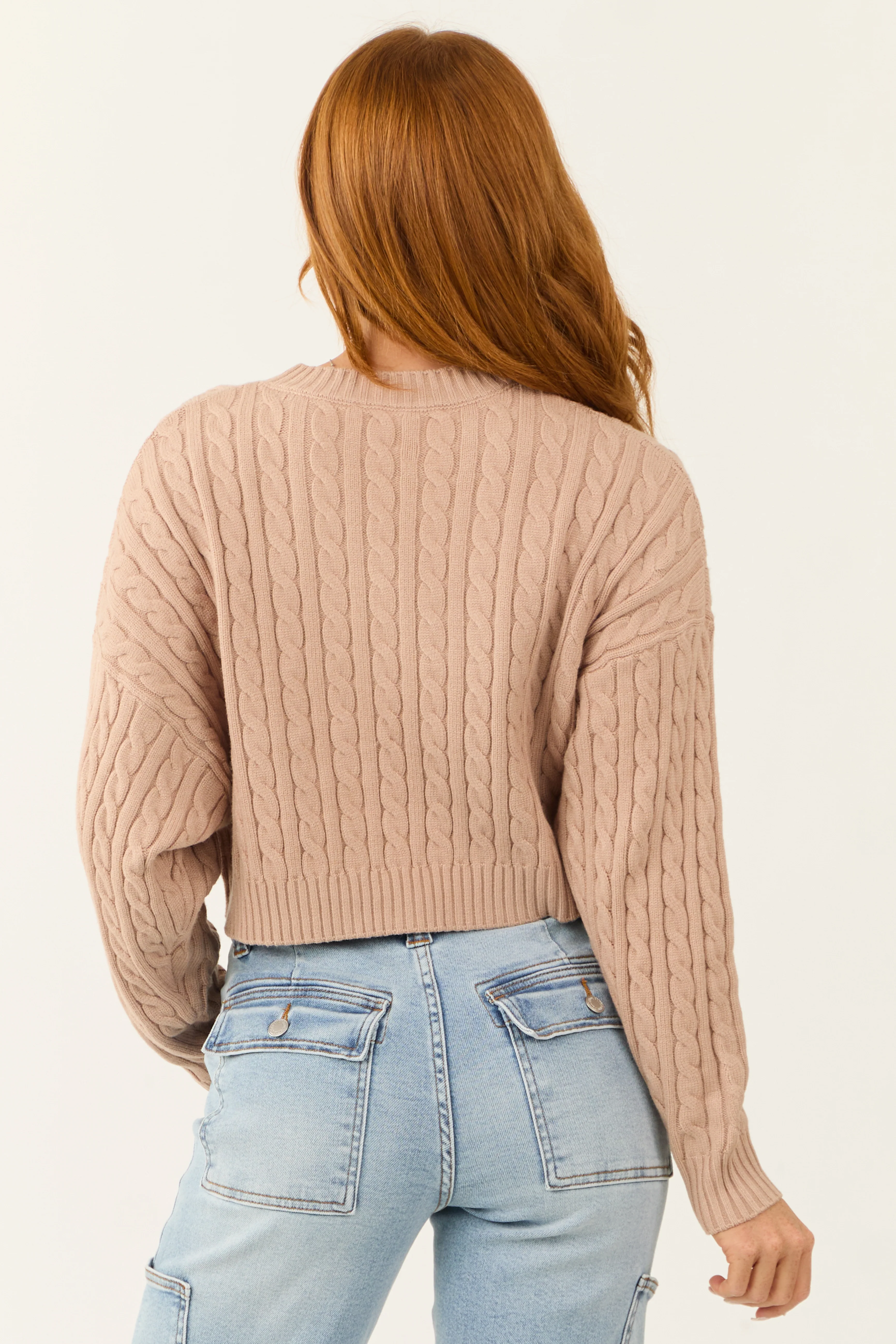 Latte Cropped Soft Cable Knit Sweater - Image 5