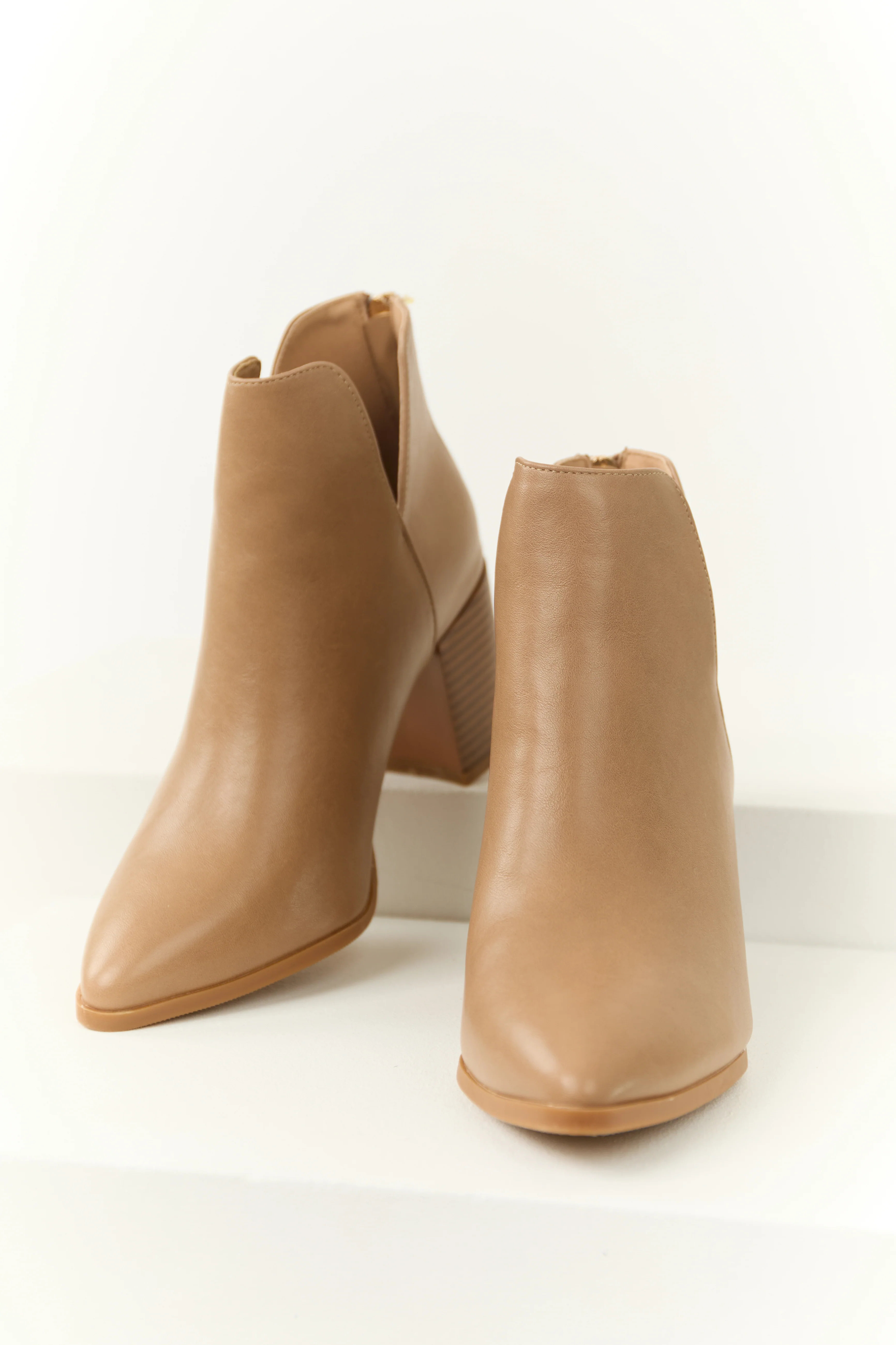 Latte Faux Leather Pointed Toe Block Heel Booties - Image 2