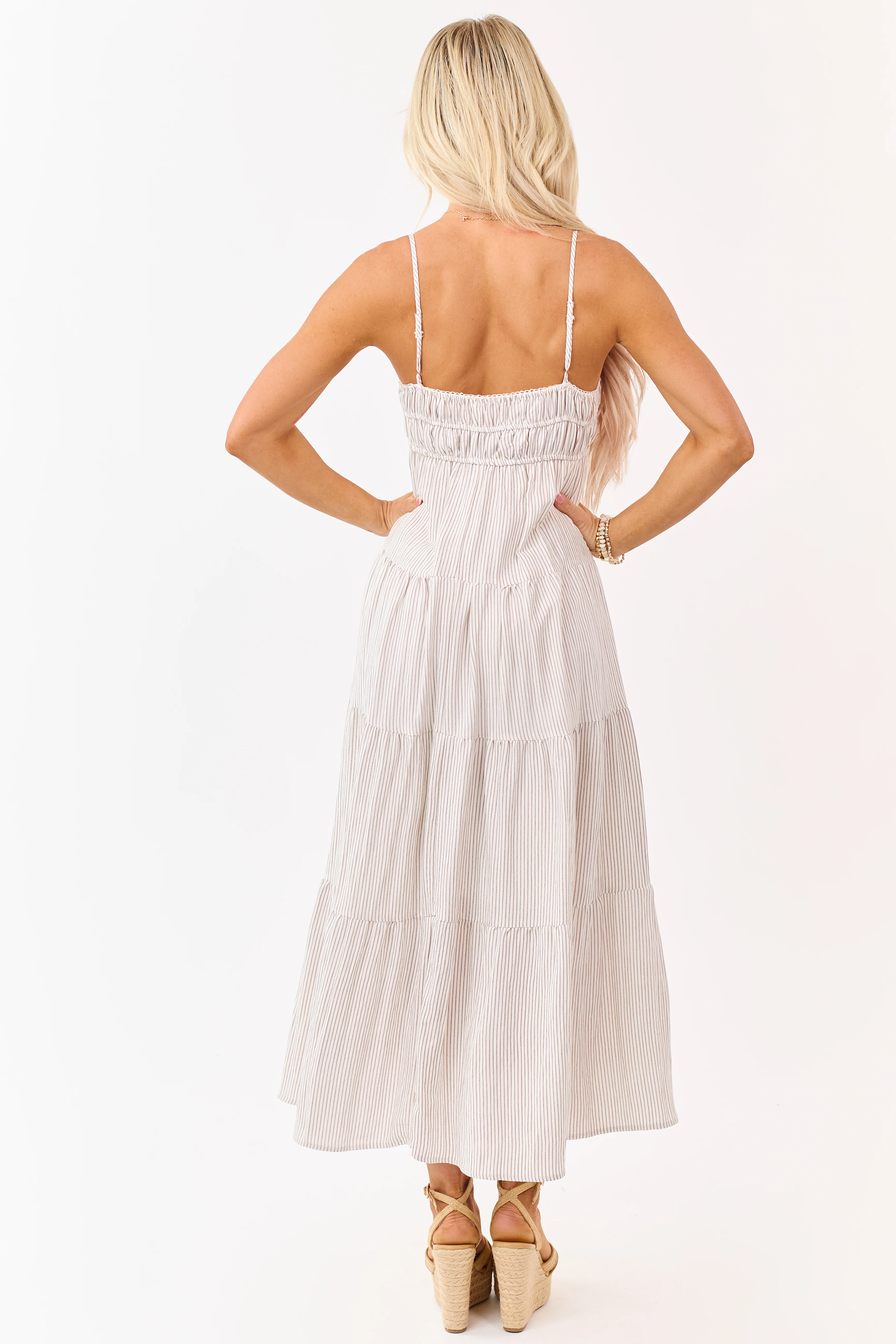 Latte and Ivory Striped Babydoll Tiered Midi Dress - Image 5
