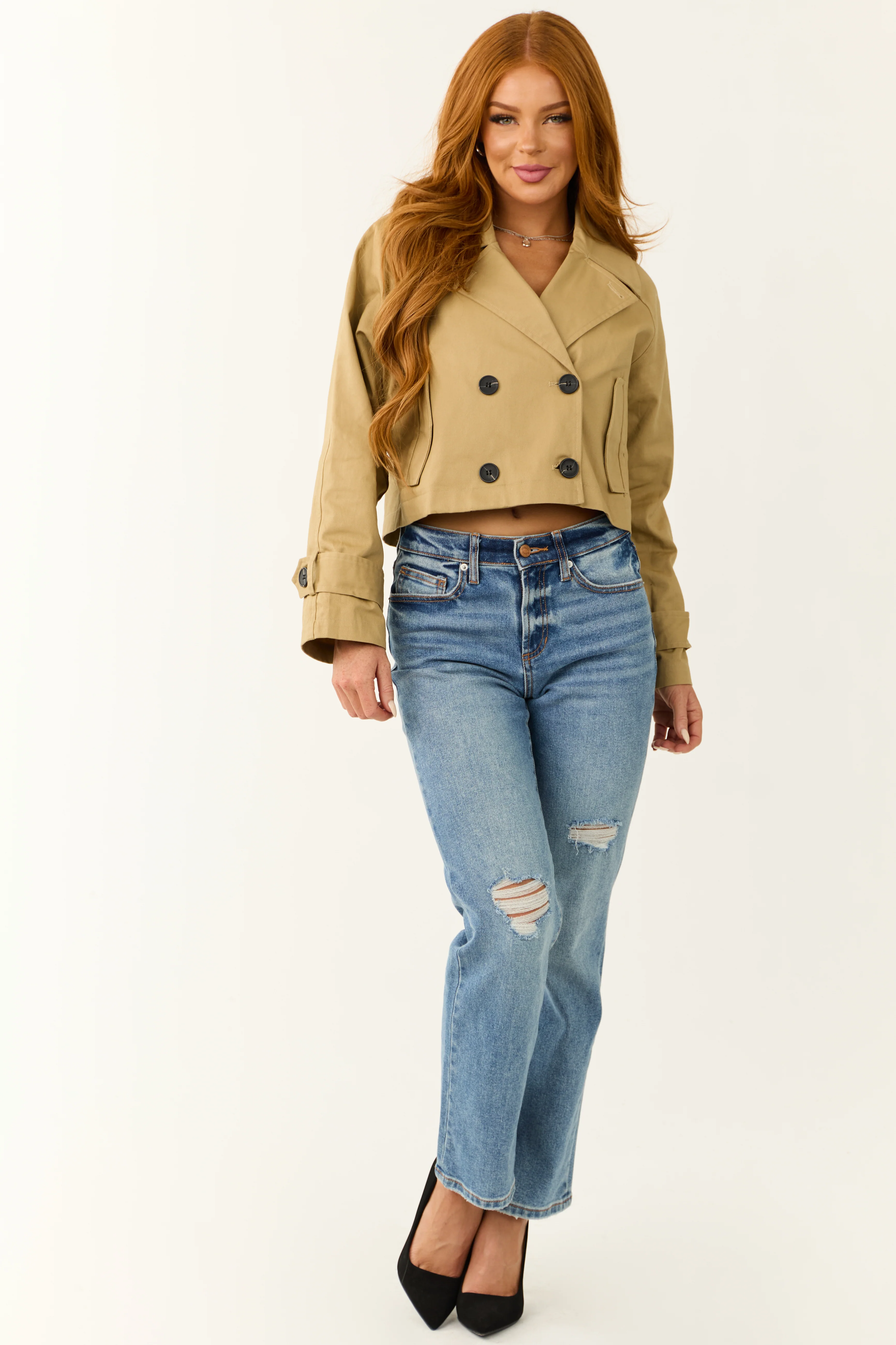 Latte Long Sleeve Buttoned Crop Trench Jacket - Image 6