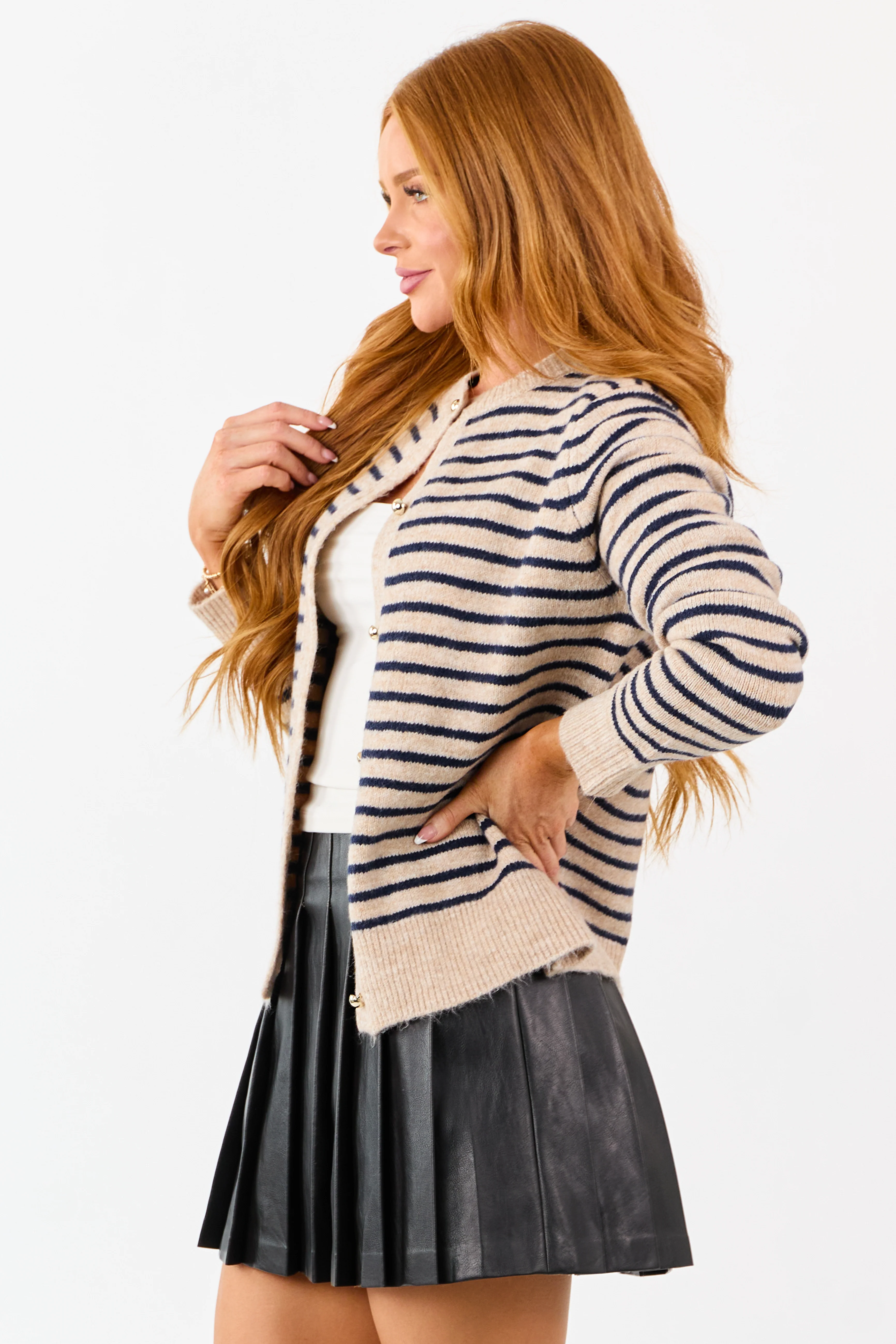 Latte Striped Button Down Crew Neck Cardigan - Image 5