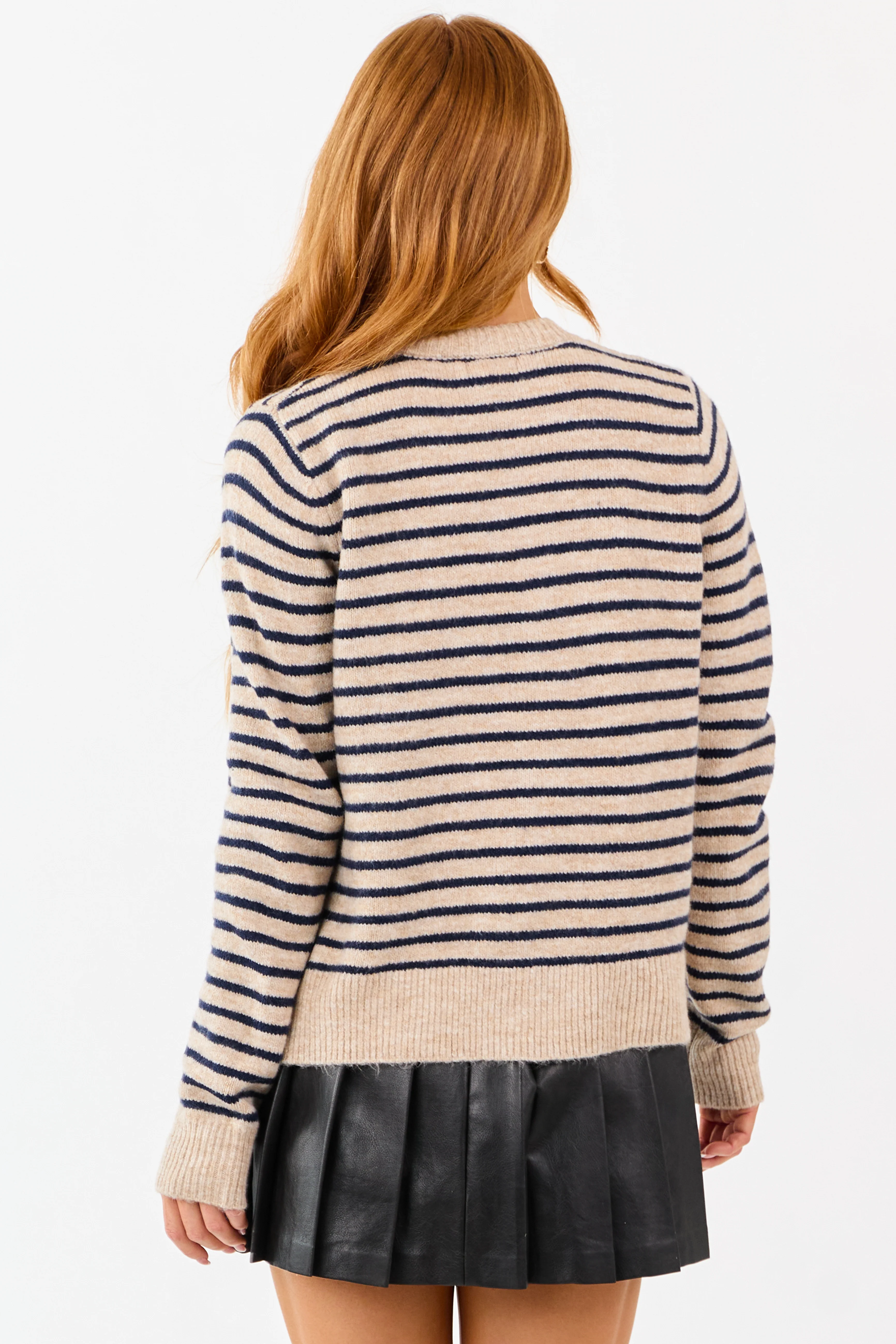 Latte Striped Button Down Crew Neck Cardigan - Image 6