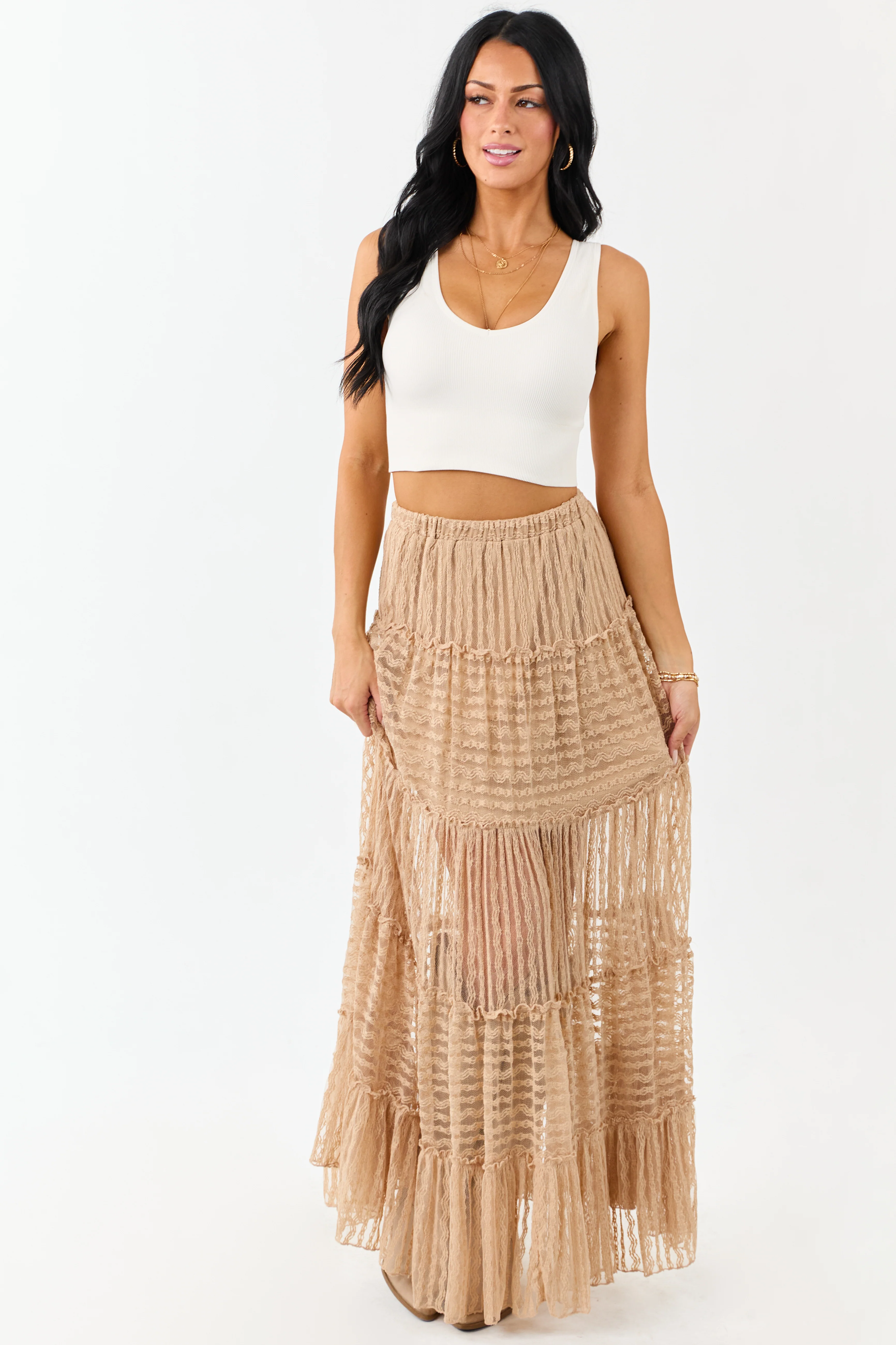 Latte Tiered Frill Lace Flowy Maxi Skirt - Image 9