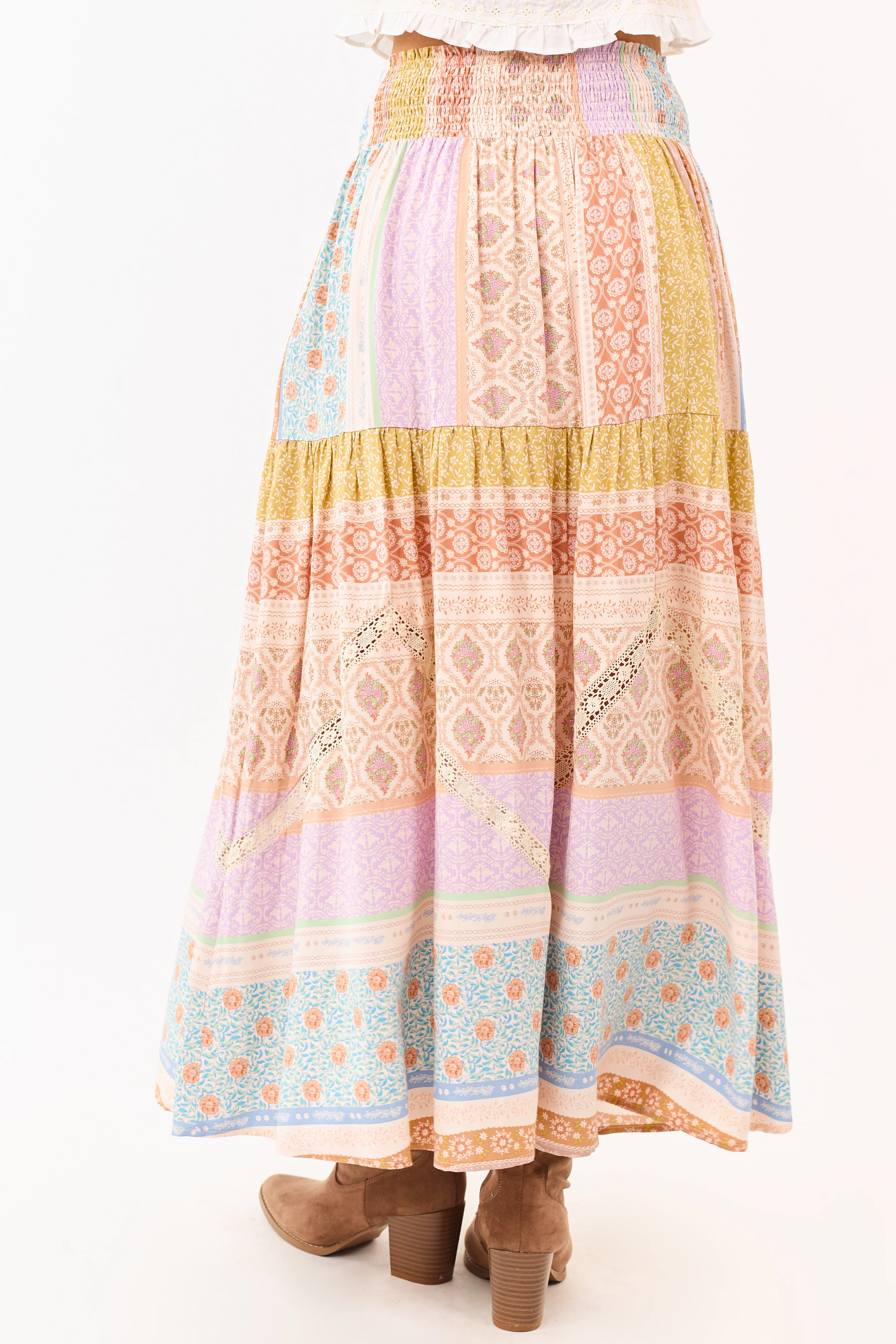 Lavender Floral Patchwork Smocked Waist Maxi Skirt - Image 5