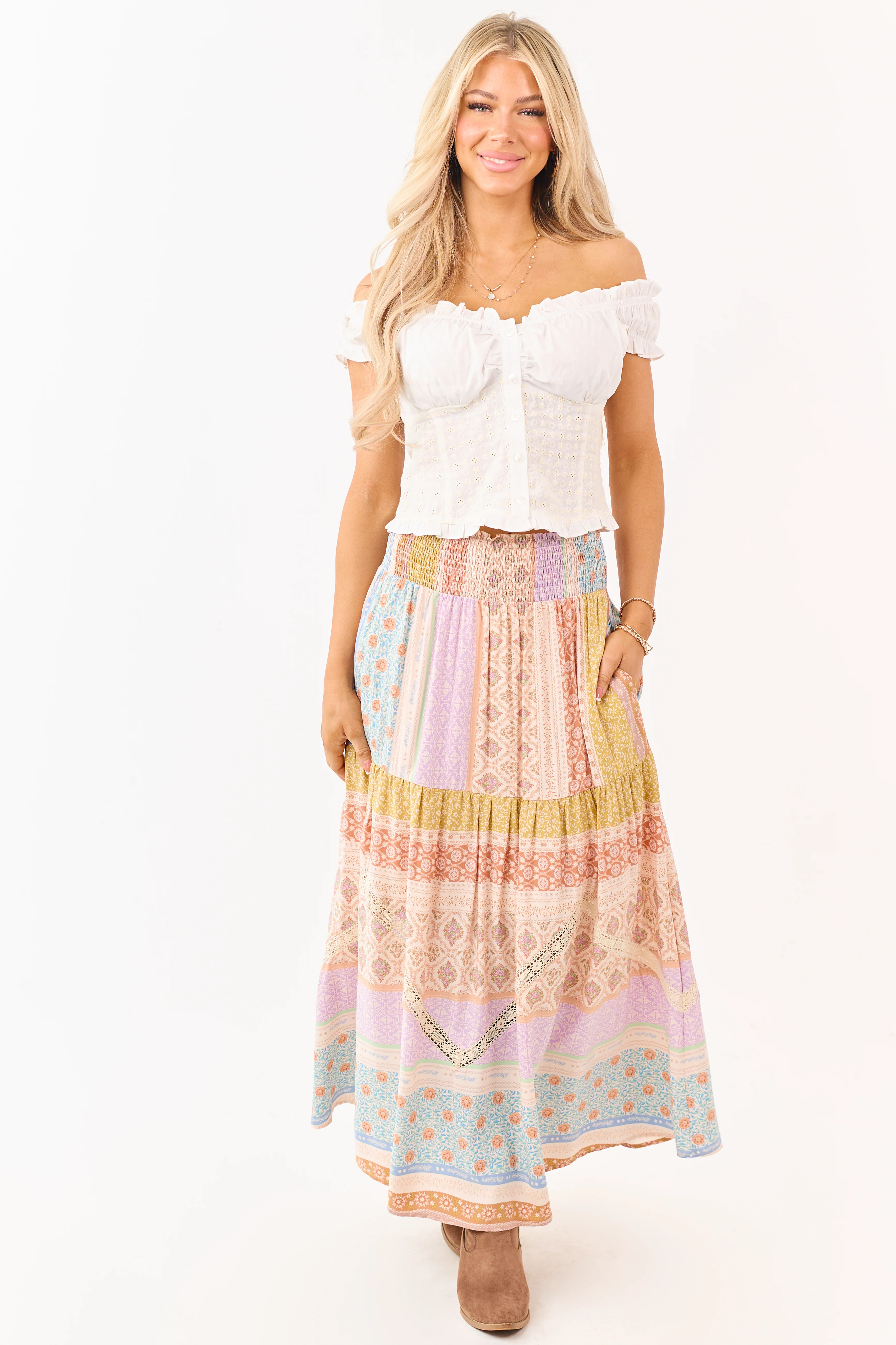 Lavender Floral Patchwork Smocked Waist Maxi Skirt - Image 6