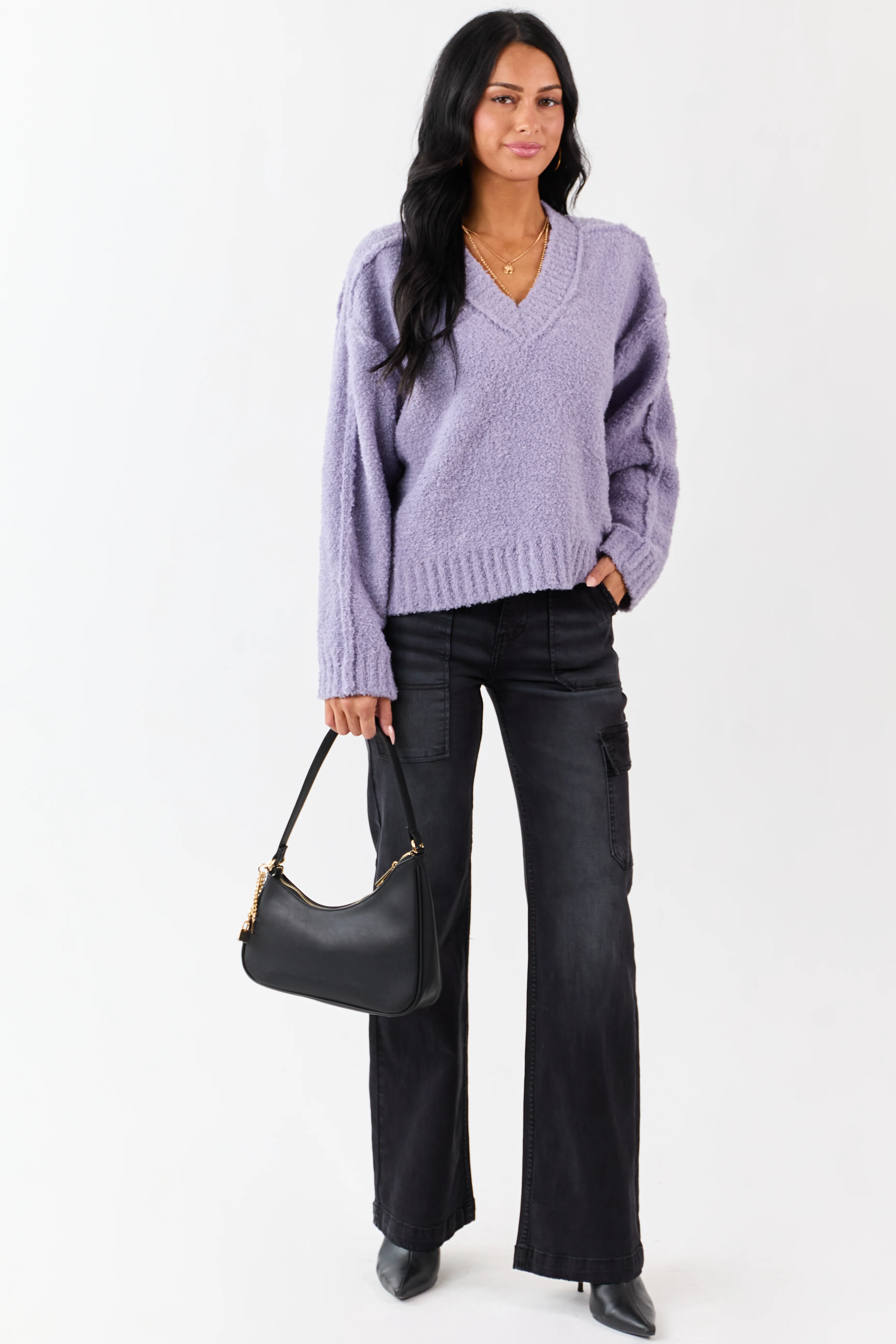 Lavender Fuzzy Knit V-Neck Exposed Seam Sweater - Image 2
