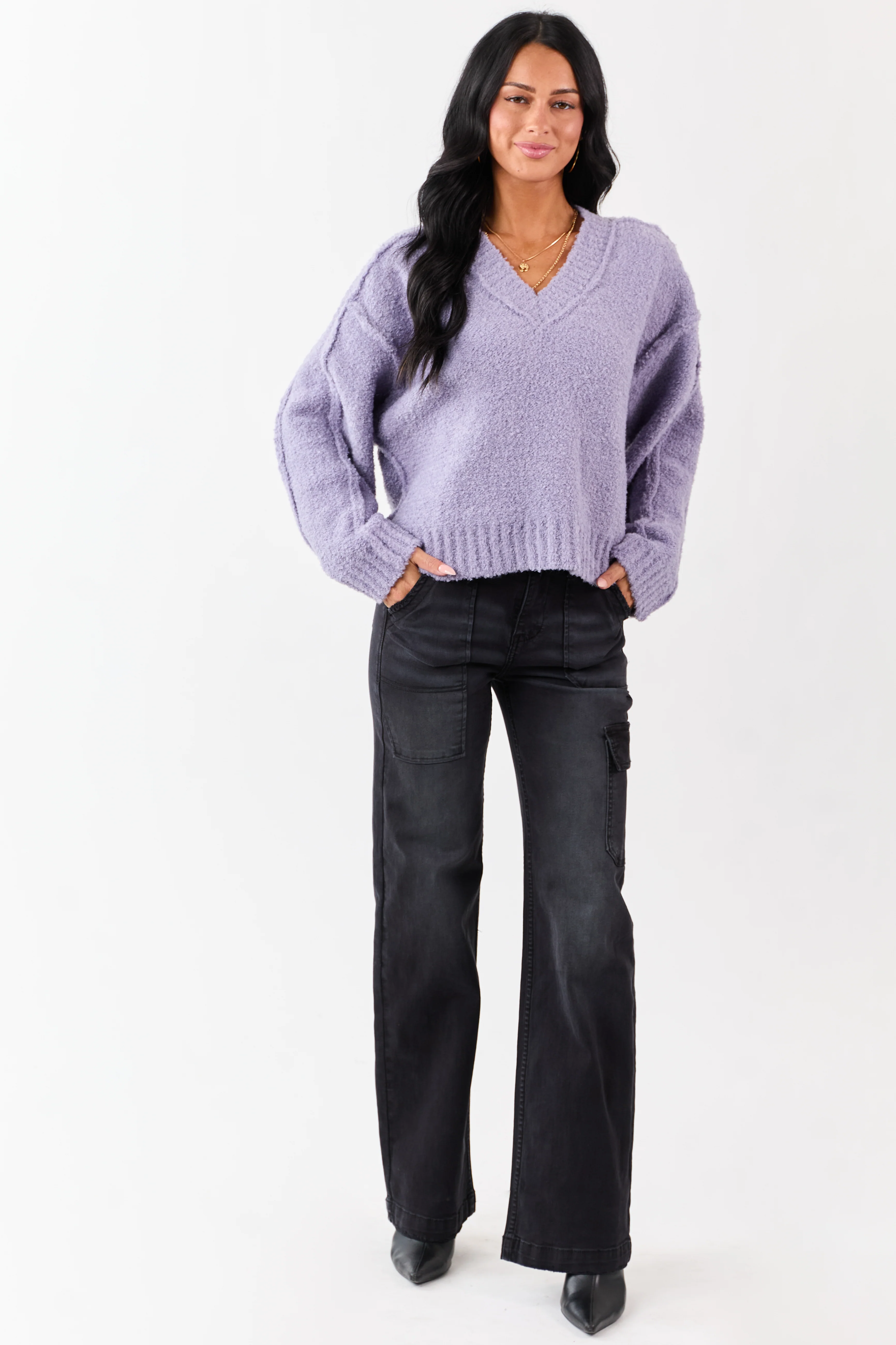 Lavender Fuzzy Knit V-Neck Exposed Seam Sweater - Image 3