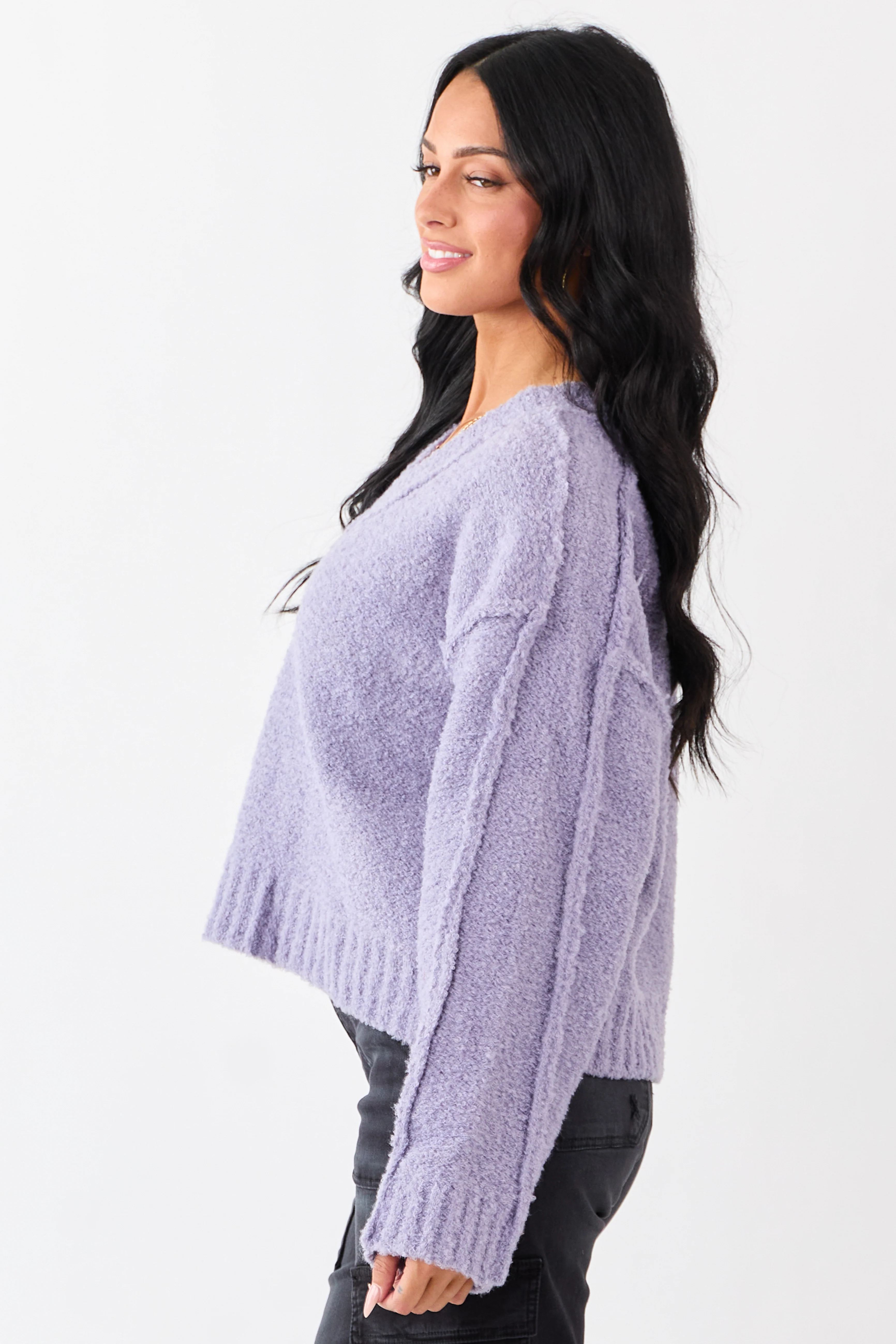Lavender Fuzzy Knit V-Neck Exposed Seam Sweater - Image 4