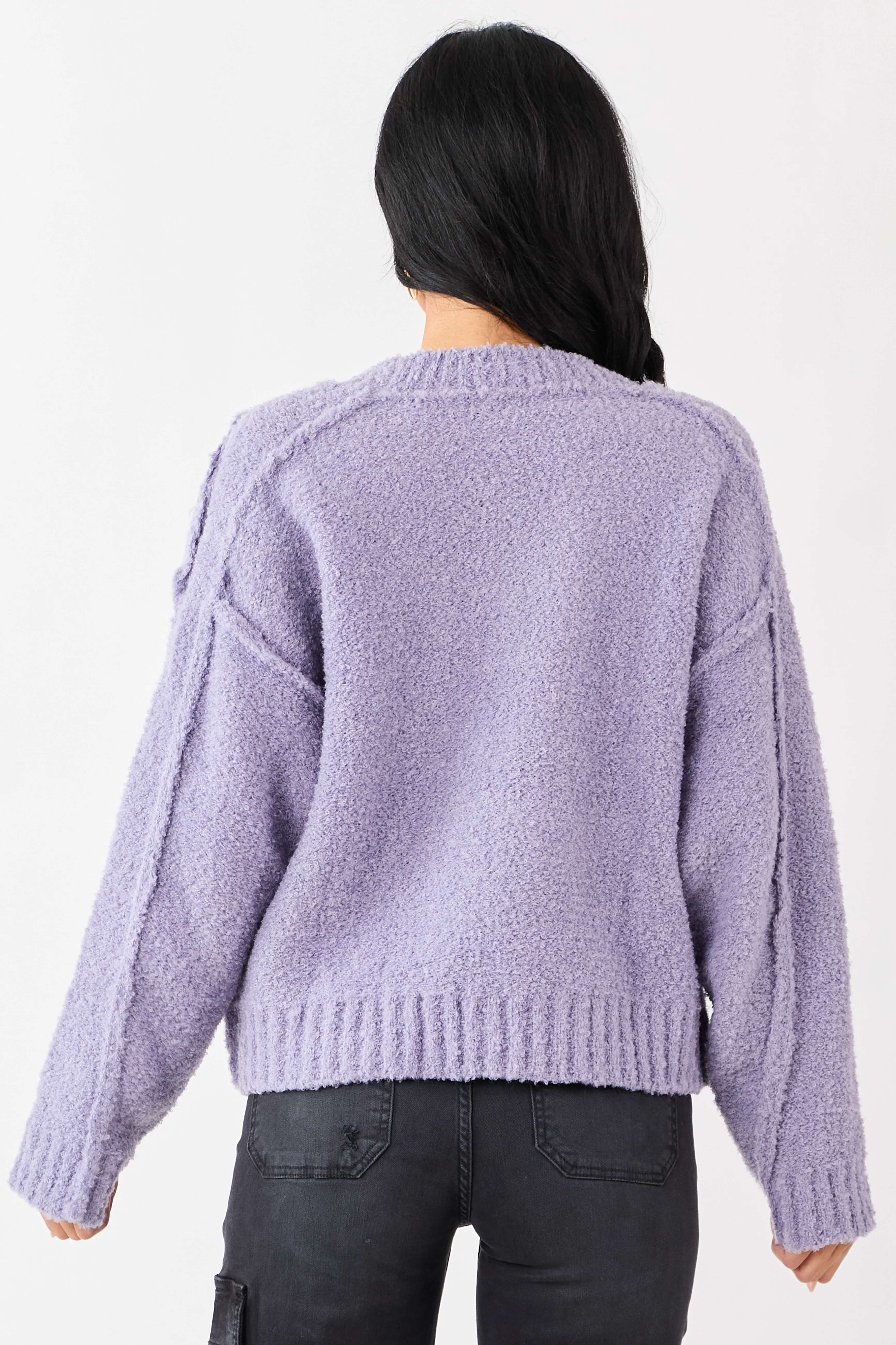 Lavender Fuzzy Knit V-Neck Exposed Seam Sweater - Image 5